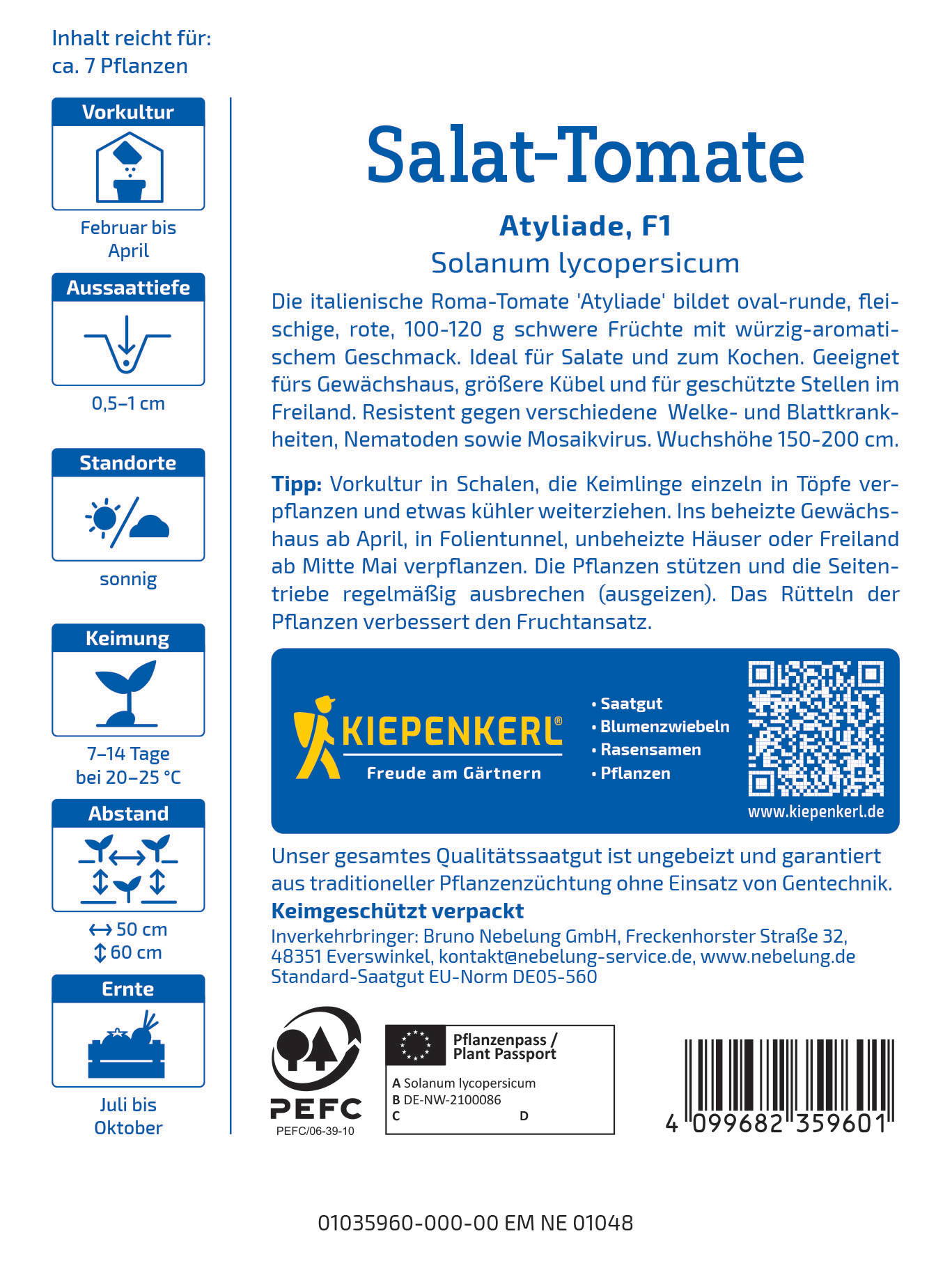Blatt mit Text, Logos, QR-Code, Strichcode, Symbole für Anbauinformationen und Pflanzenschutz.
