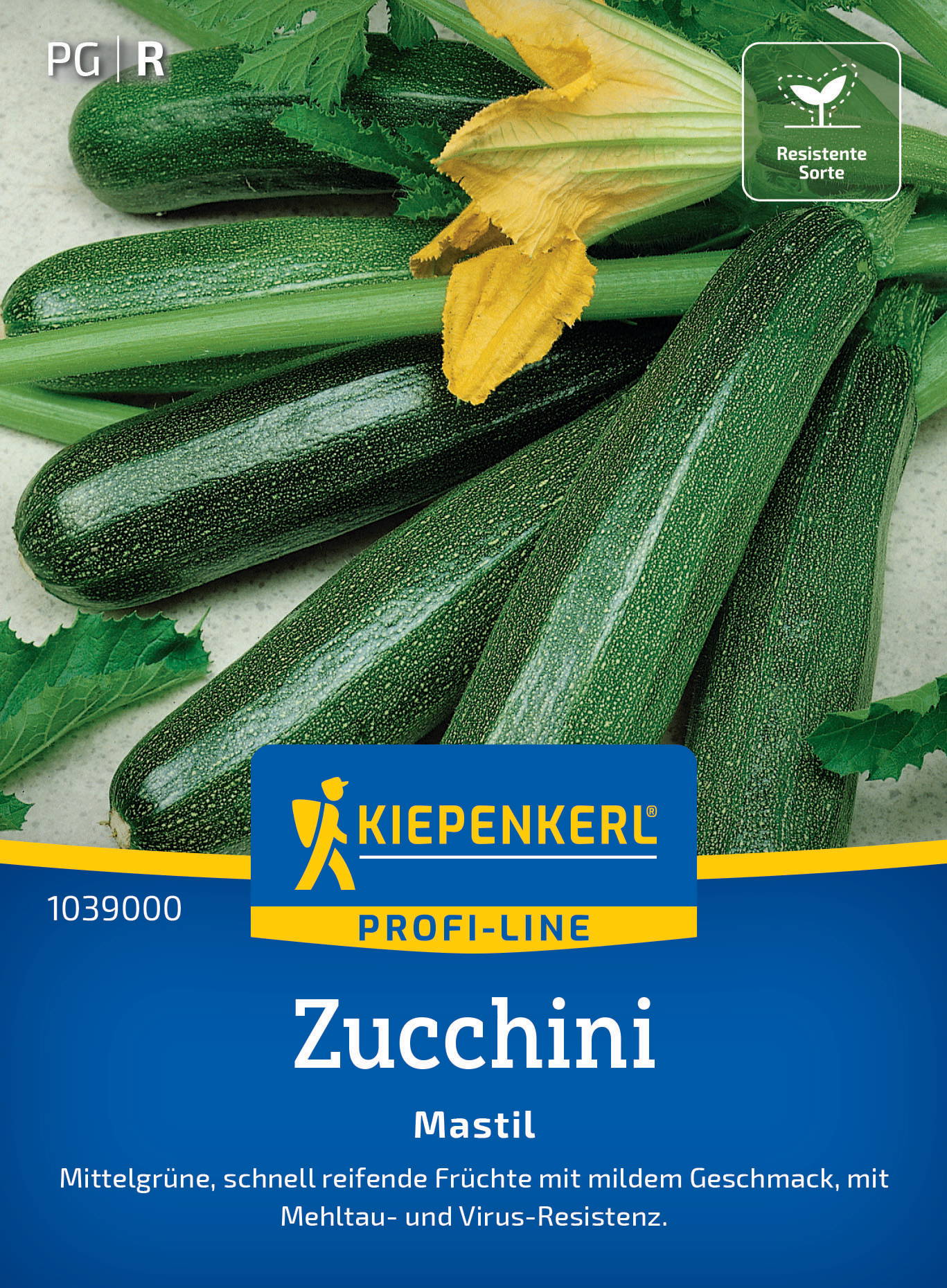 Zucchini, einige mit gelber Blüte, auf einer Oberfläche, grüner Lebensmittelfarbe, Verpackung für Samen, Kiepenkerl Markenlabel.