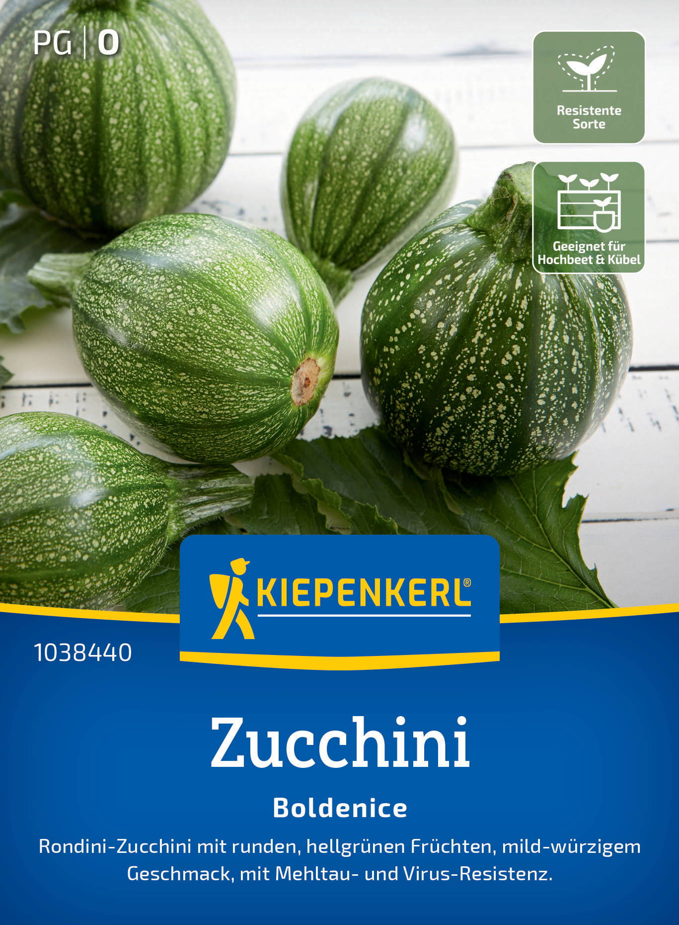 Grüne runde Zucchini mit heller Punktierung auf weißem Holzuntergrund, zwei grüne Symbole auf der Verpackung.