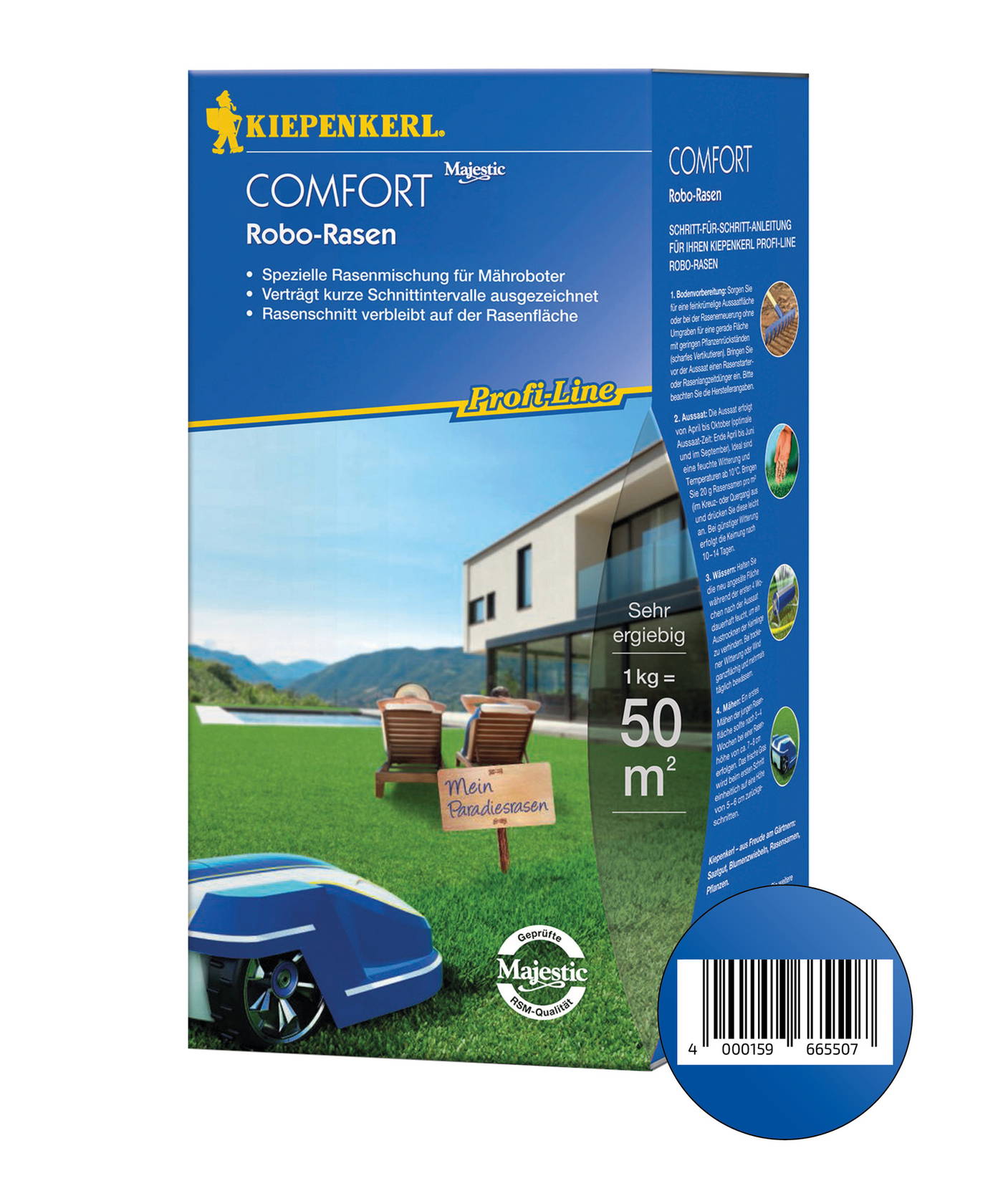 Box mit Rasenmischung, Frontansicht mit modernem Haus, Gartenmöbeln, grüner Wiese, Rasenroboter, blaue Verpackung.