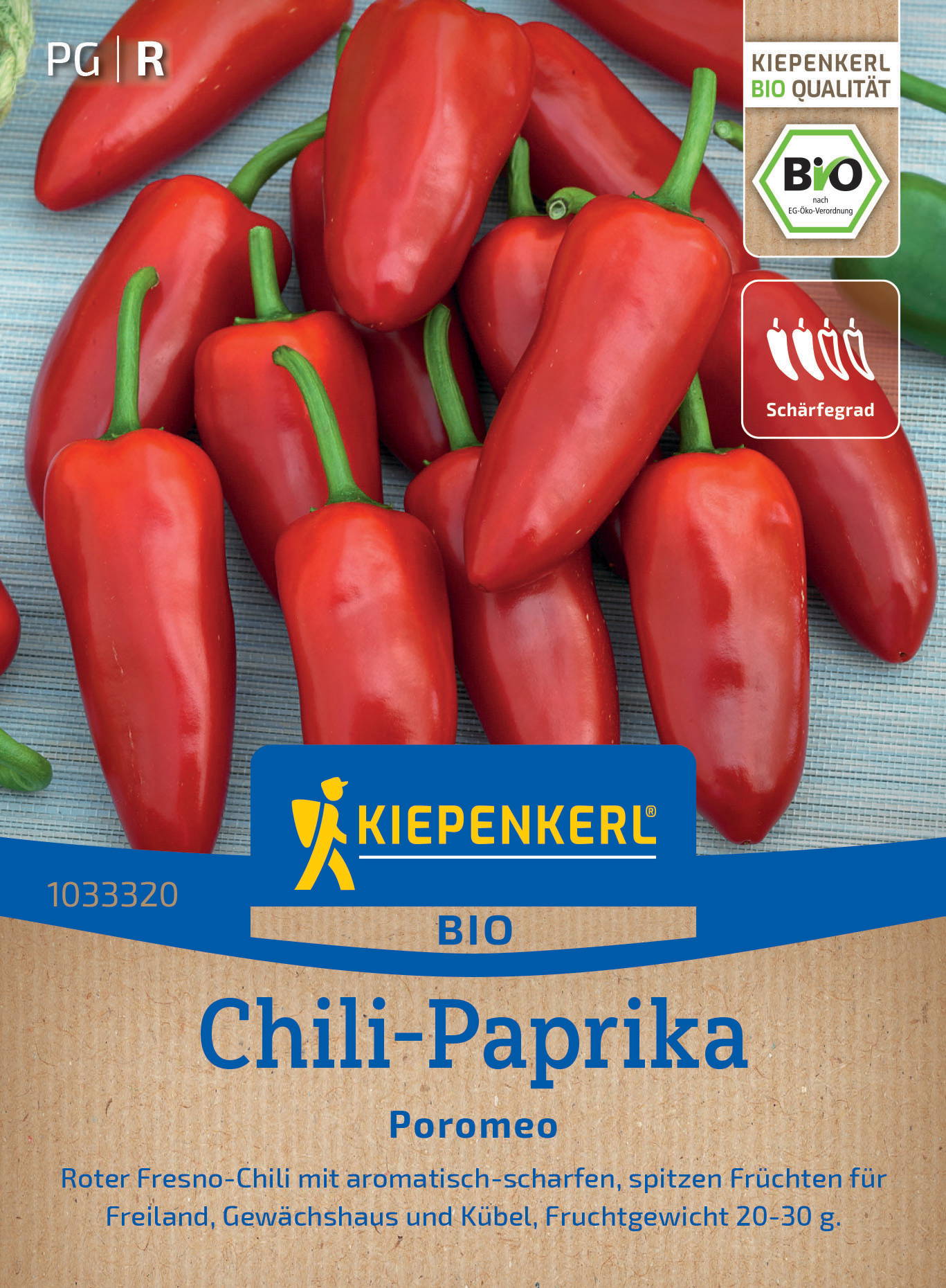 Rote Chili-Paprika mit grünen Stielen auf blauer und brauner Verpackungsfolie, Kiepenkerl Logo, Bio, Poromeo Sorte.