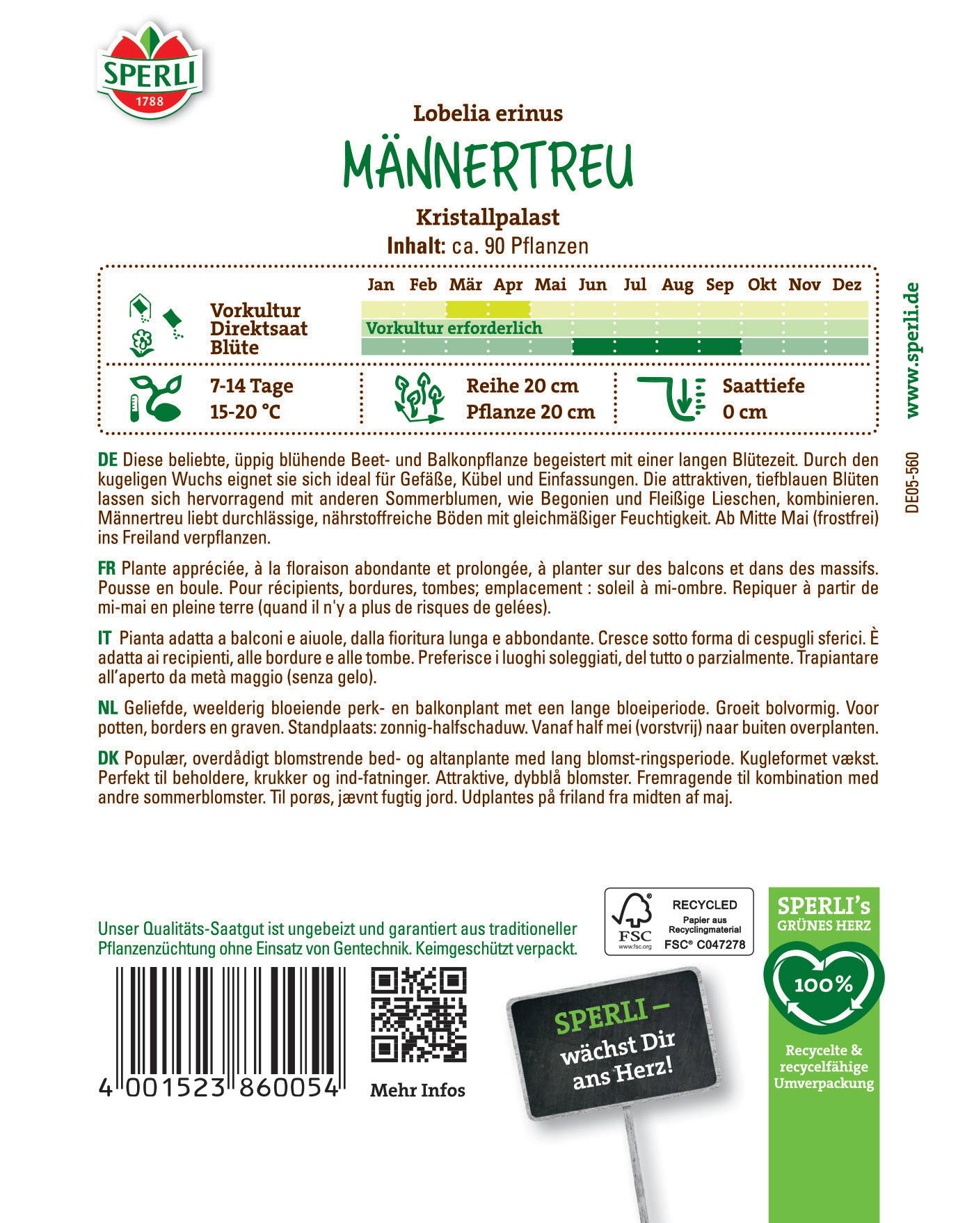 Pflanzenbeschreibung mit Preisen und Pflegehinweisen, Logo und Barcode auf weißem Hintergrund.