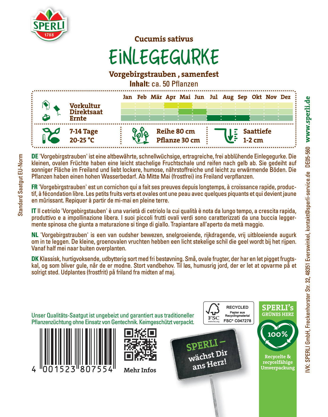 Packungsrückseite mit Anbauhinweisen, Saison, Sortenübersicht, Logo, Barcode, QR-Code und Recyclinghinweisen.