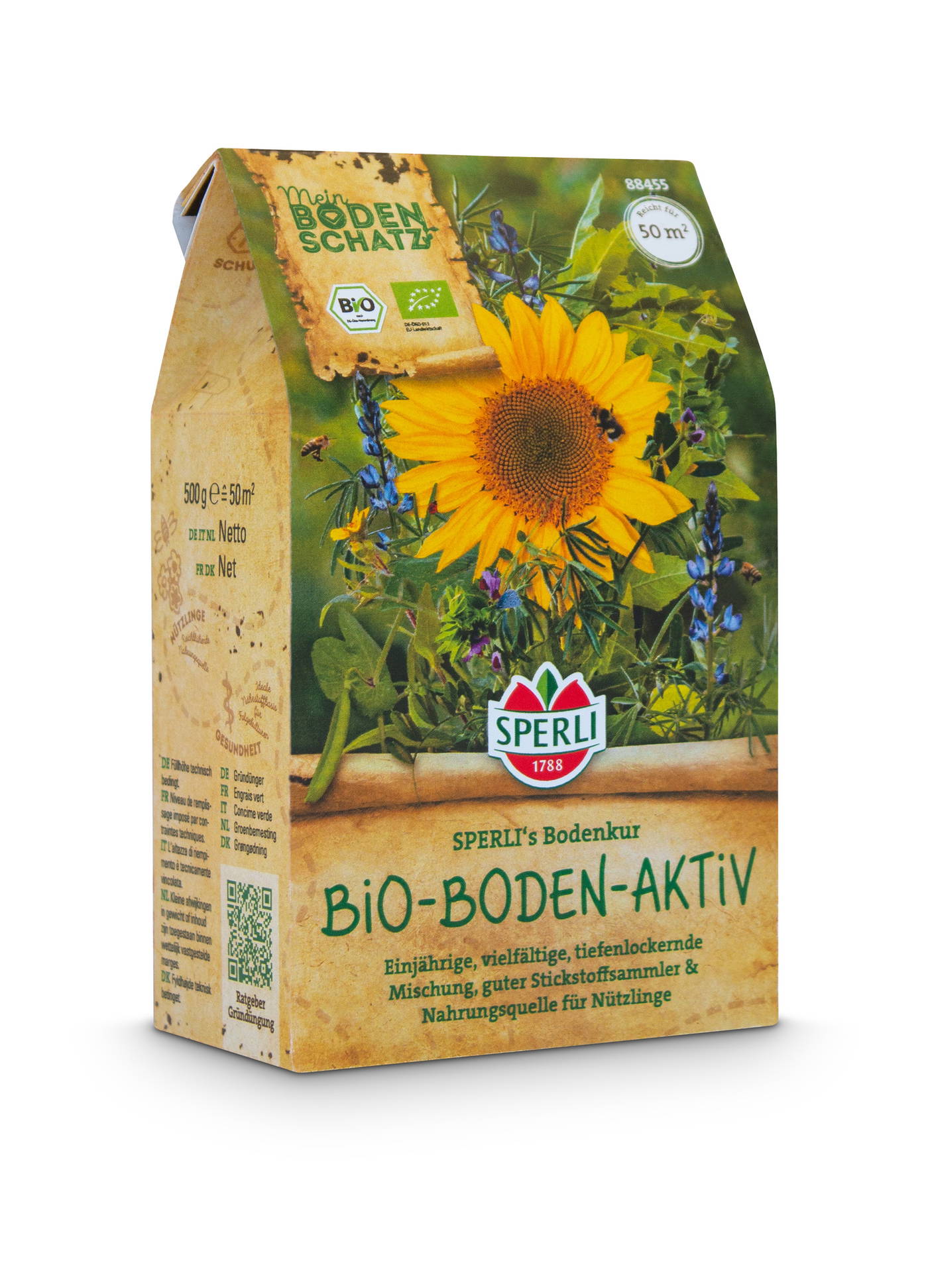 Papiertüte mit buntem Sonnenblumen- und Kräuterbild, grün-weißer Sparli-Logo, Produktname BIO-BODEN-AKTIV, 50 Quadratmeter.