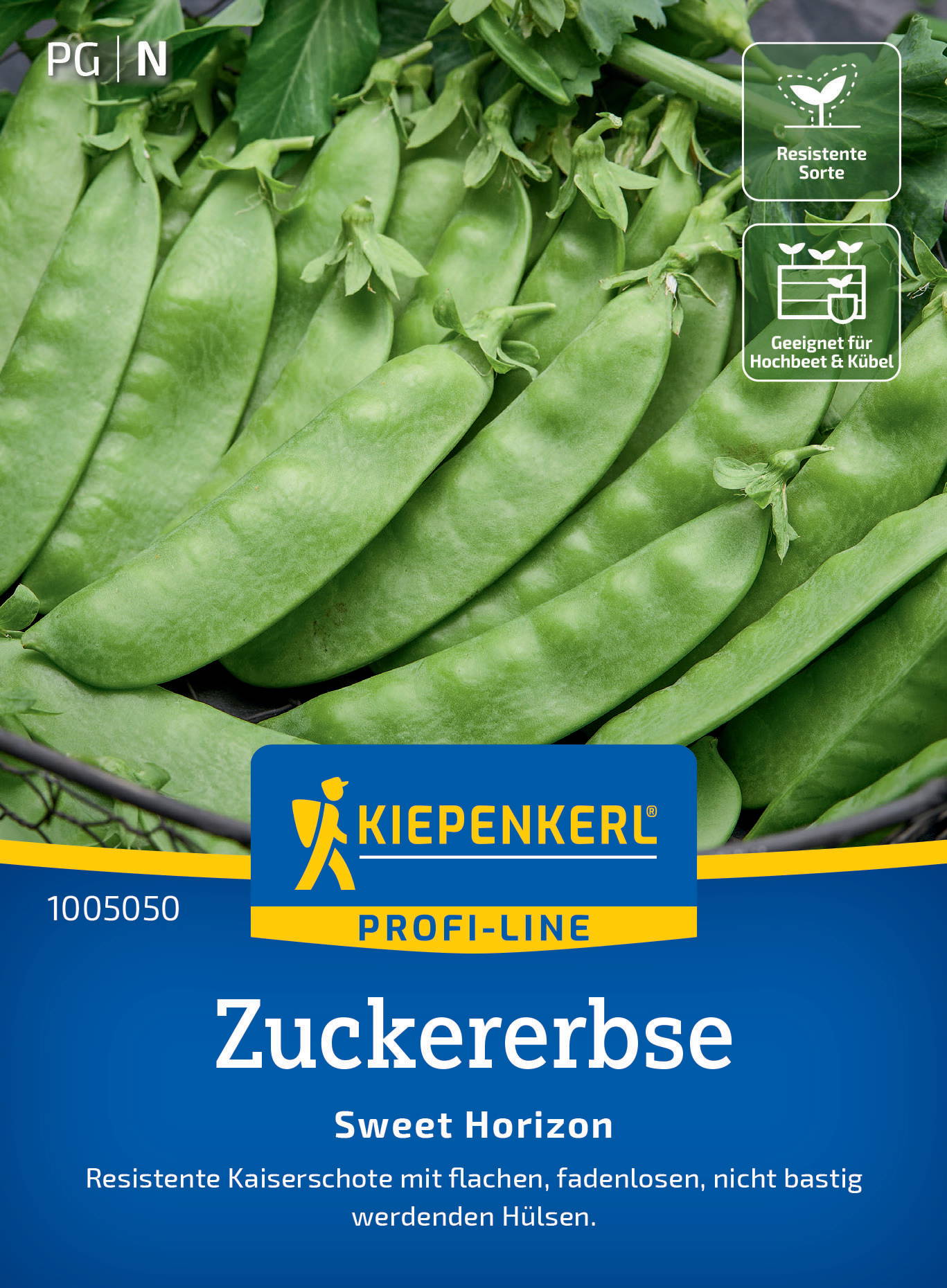 Grüne Zuckererbse in Schoten mit Blättern, Verpackung mit Kiepenkerl-Profi-Line Label, Produktname und Icons.