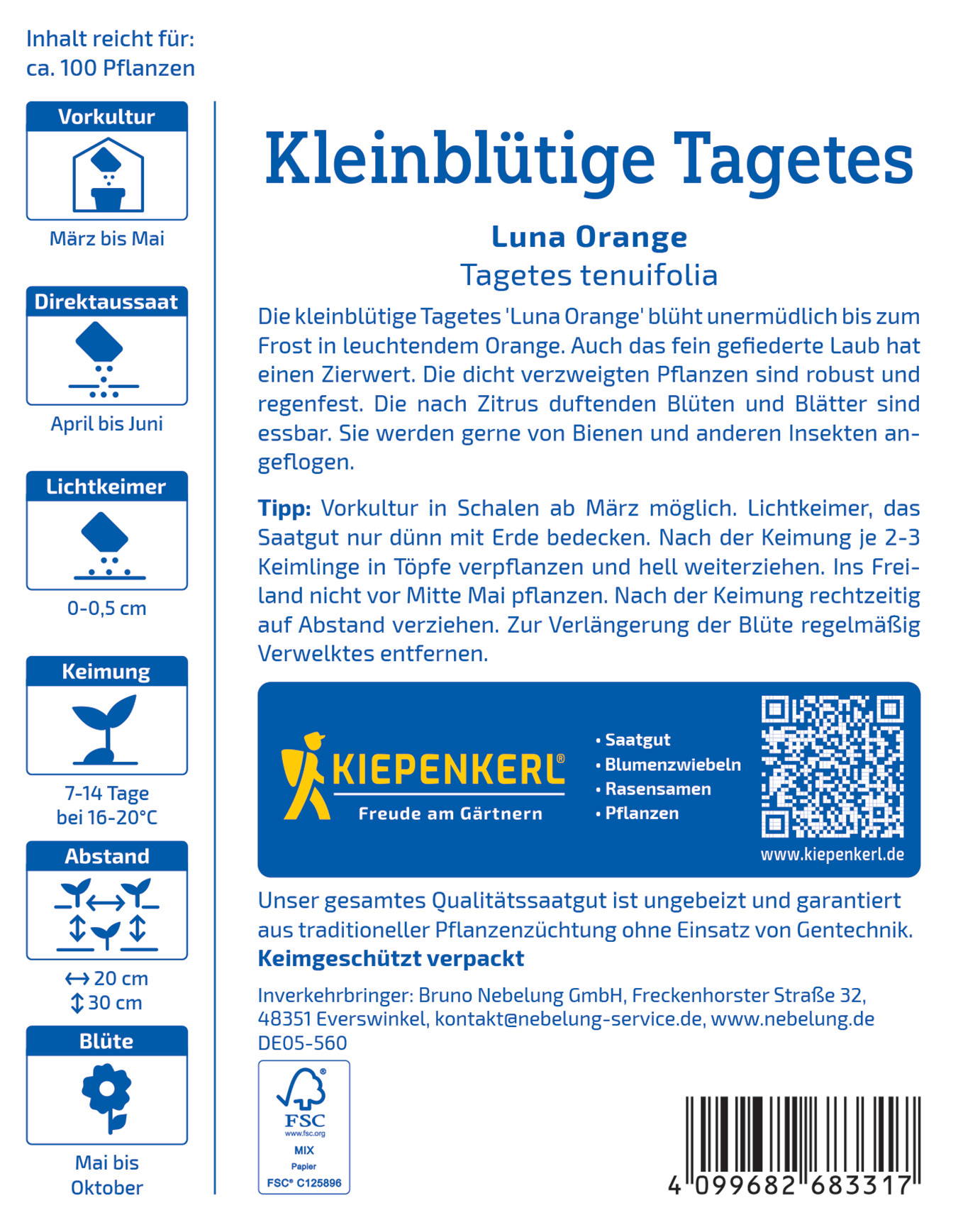 Pflanzen im Topf mit orangefarbenen Blüten, Text auf Anleitung, QR-Code, Barcode und Logo auf Etikett.