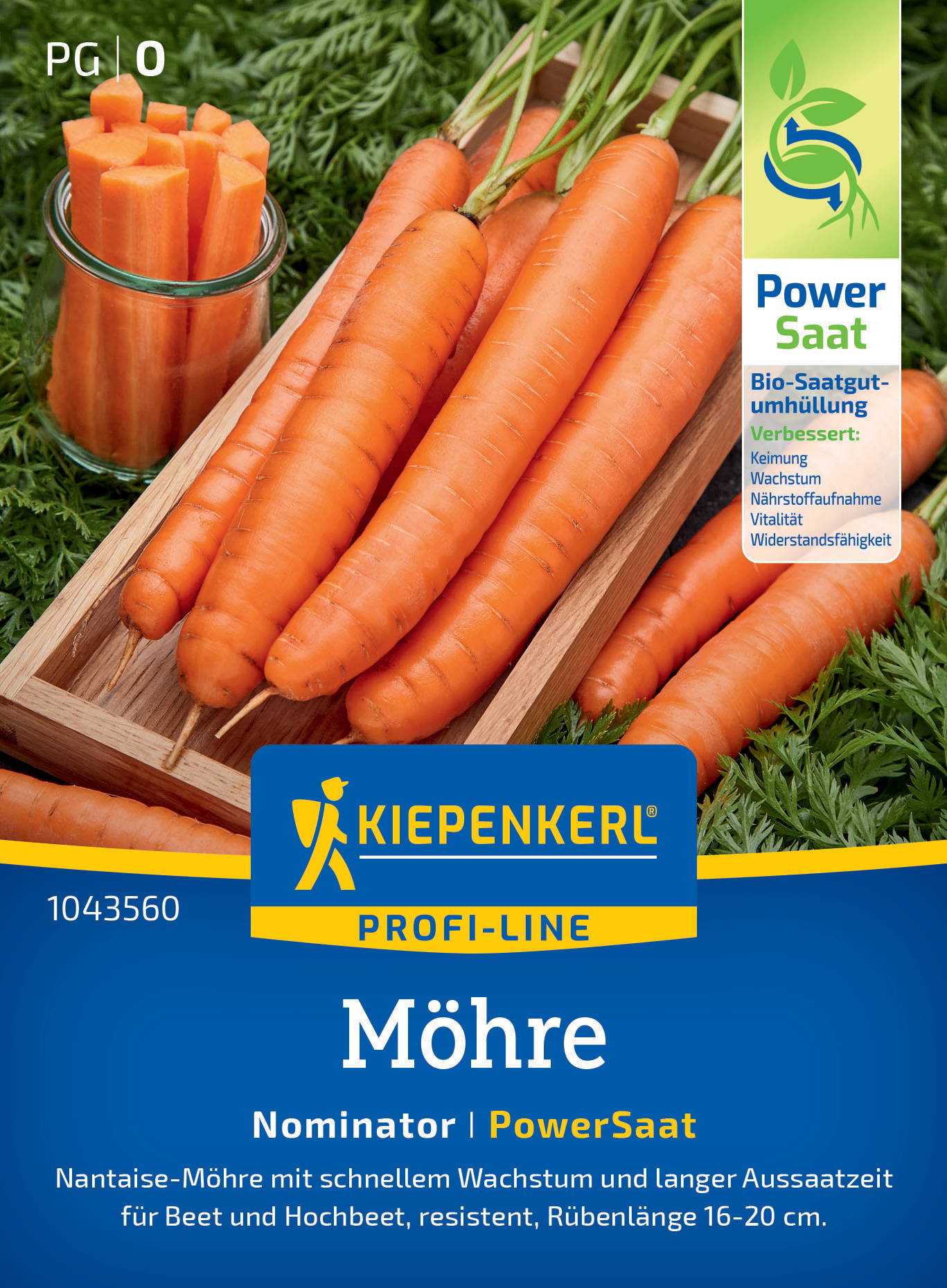 Mehrere orange Möhren auf Holzbrett, Glas mit geschnittenen Möhren. Verpackung mit Kiepenkerl-Logo und Produktinformationen.