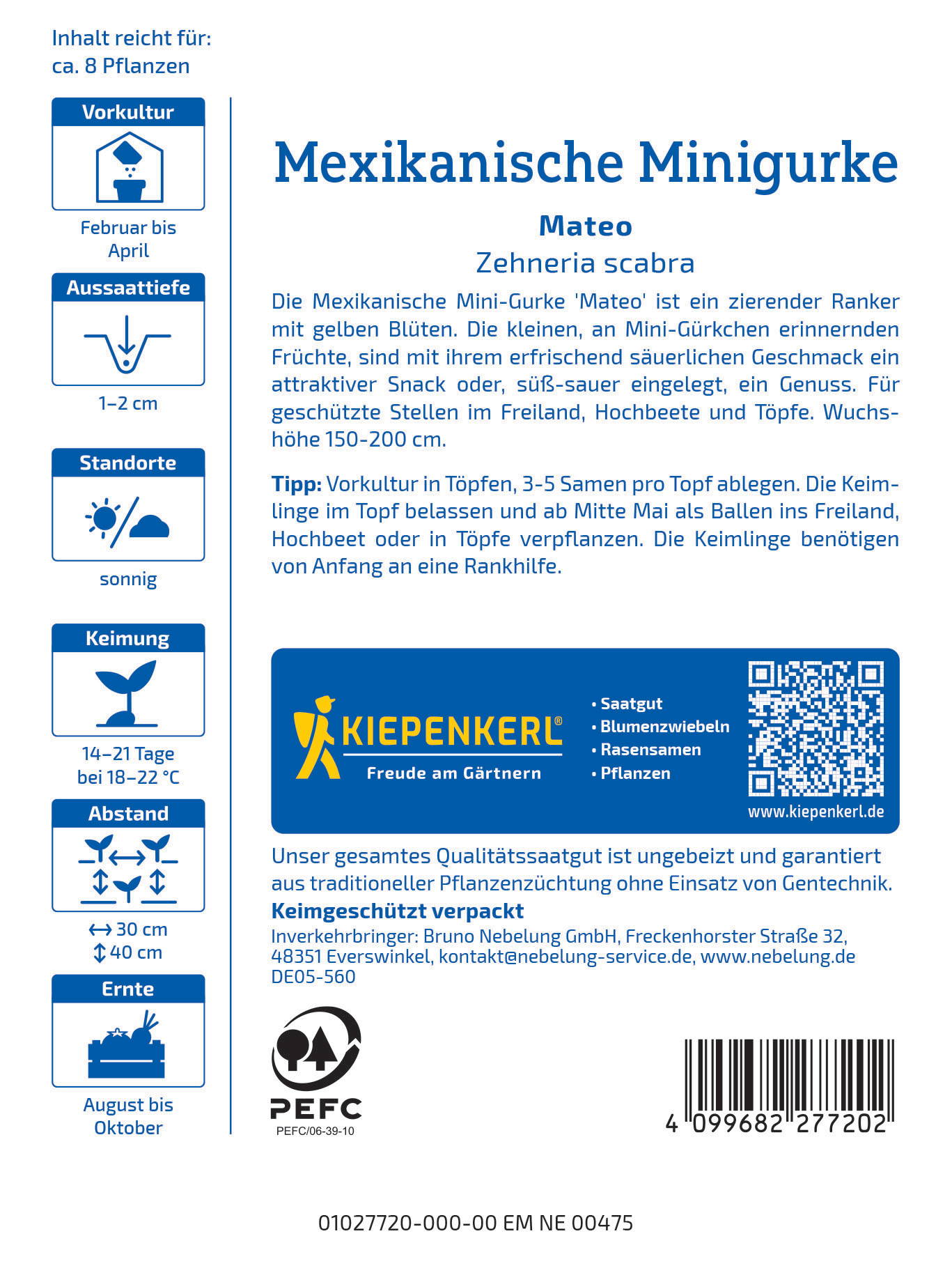 Mexikanische Minigurke mit gelben Blüten, auf linker Seite Text und Logo, QR-Code und Barcode.