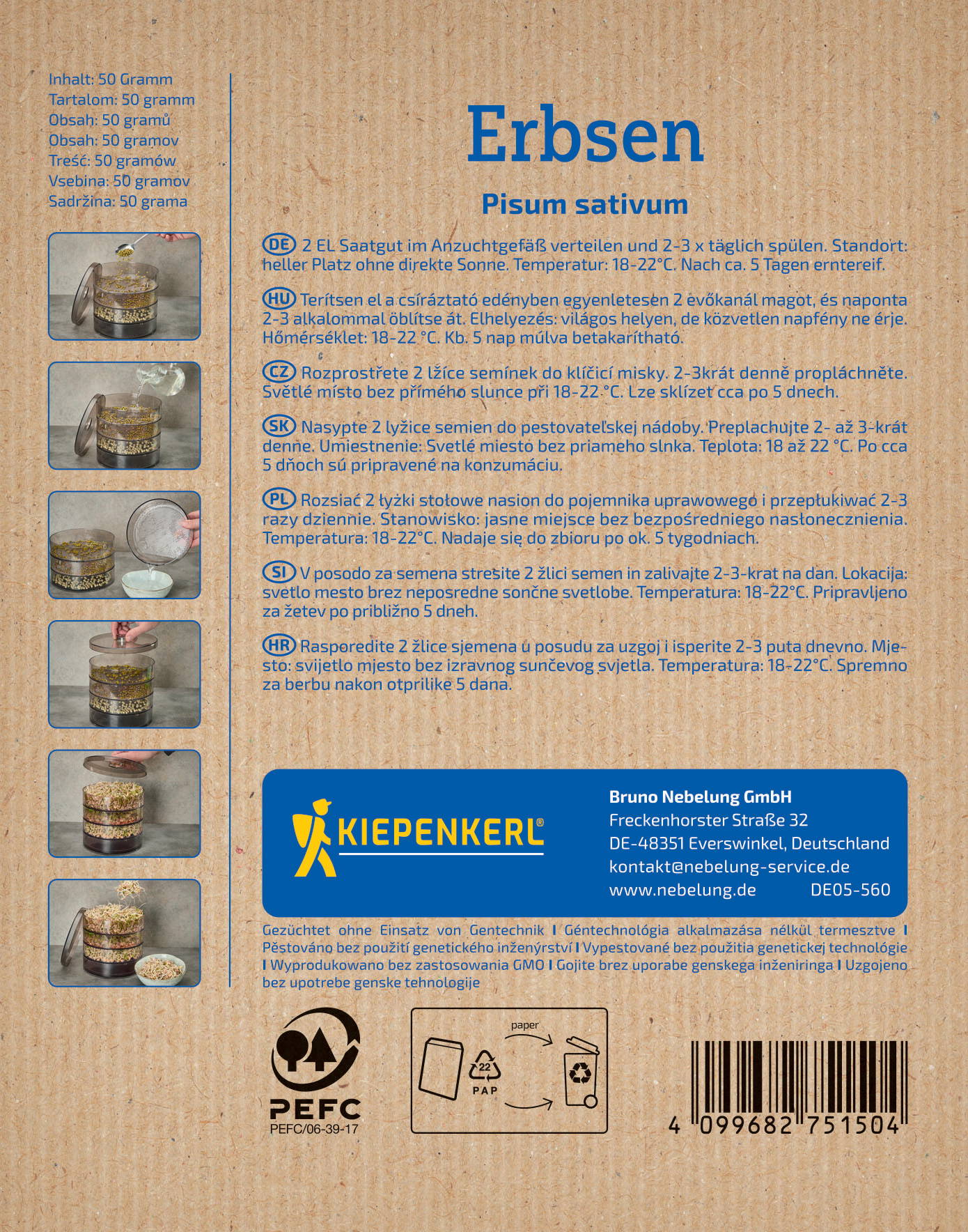 Mehrere Bilder zeigen die Zubereitung von Erbsen in einem Glasbehälter, von der Saat bis zur fertigen Mischung.