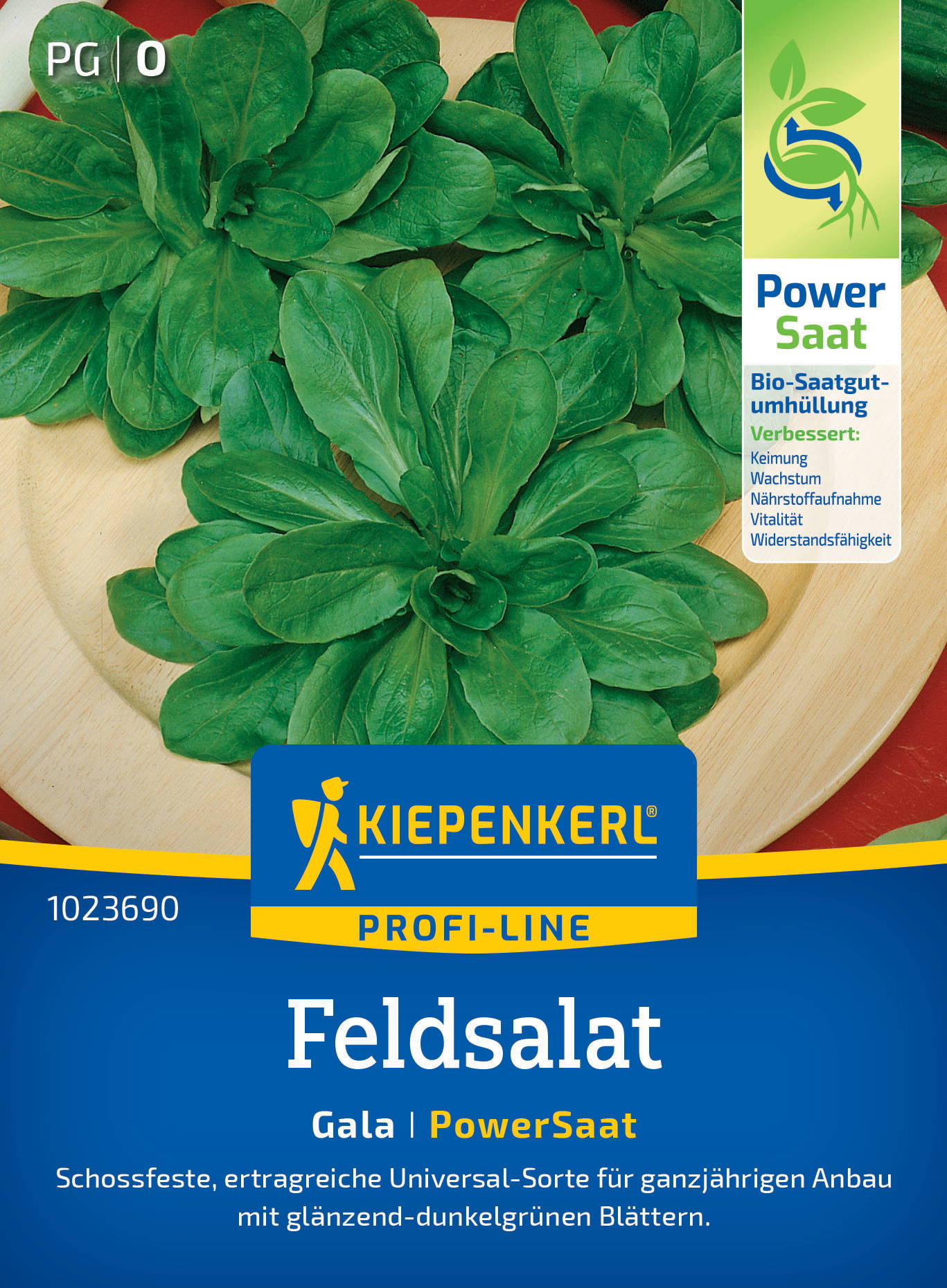 Grüne Feldsalatblätter auf einer runden Holzplatte, Verpackungsdesign mit blauer, gelber und grüner Beschriftung.