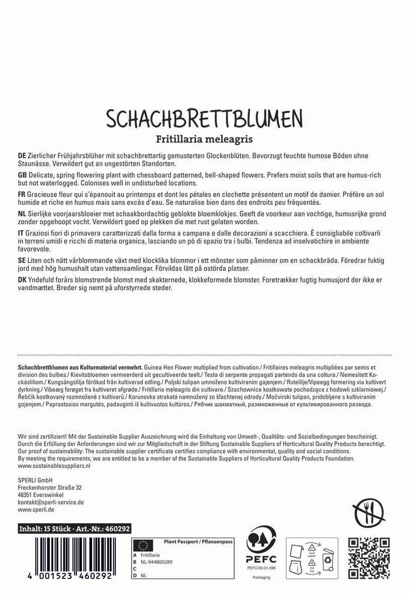 Schachbrettblumen mit gestreiften Glockenblüten, bevorzugt feuchte Standorte ohne Staunässe