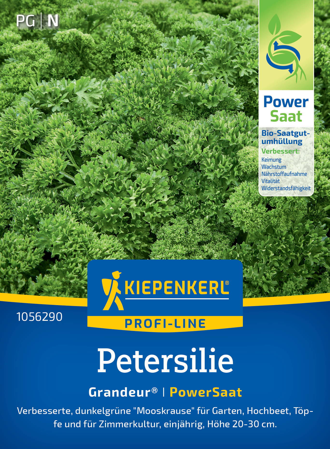 Grüne Petersilienpflanzen auf Verpackung mit Kiepenkerl-Profi-Line Logo und blauer Fläche.
