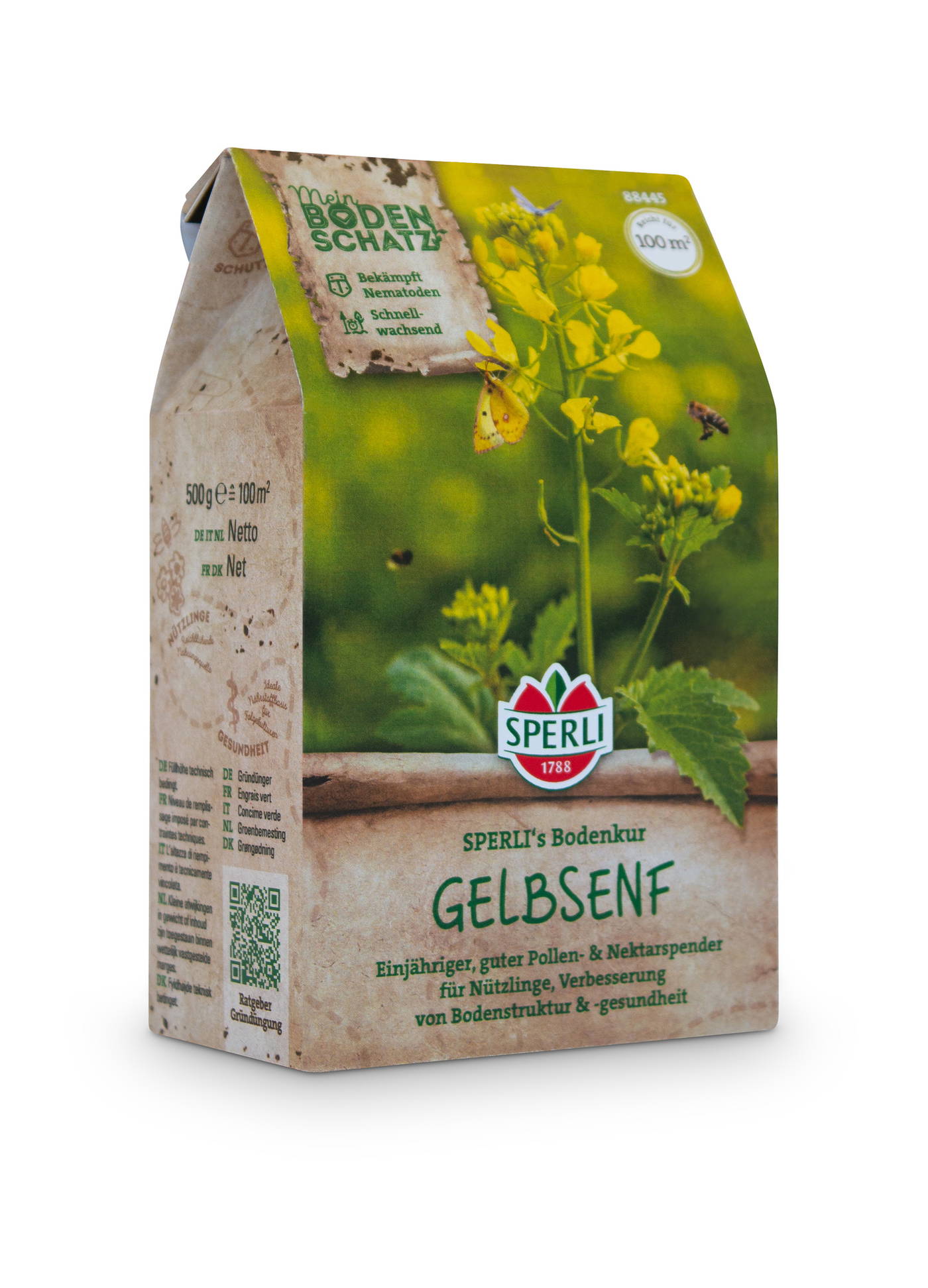 Papiertüte mit gelber Blume, Biene, Schmetterling, grünen Blättern, Text, Logo und QR-Code.