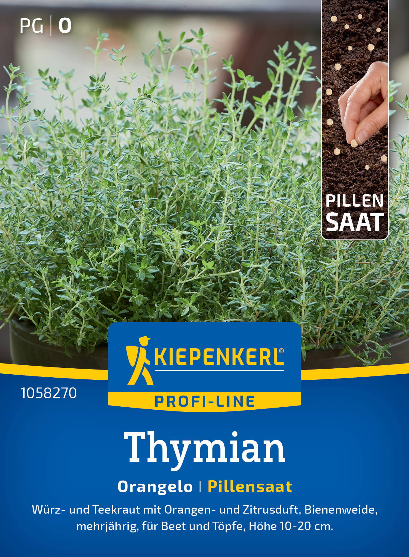 Pflanzentopf mit frischem Thymian, Hand sitzt auf Erde, Samen auf Boden, Kiepenkerl Verpackung.