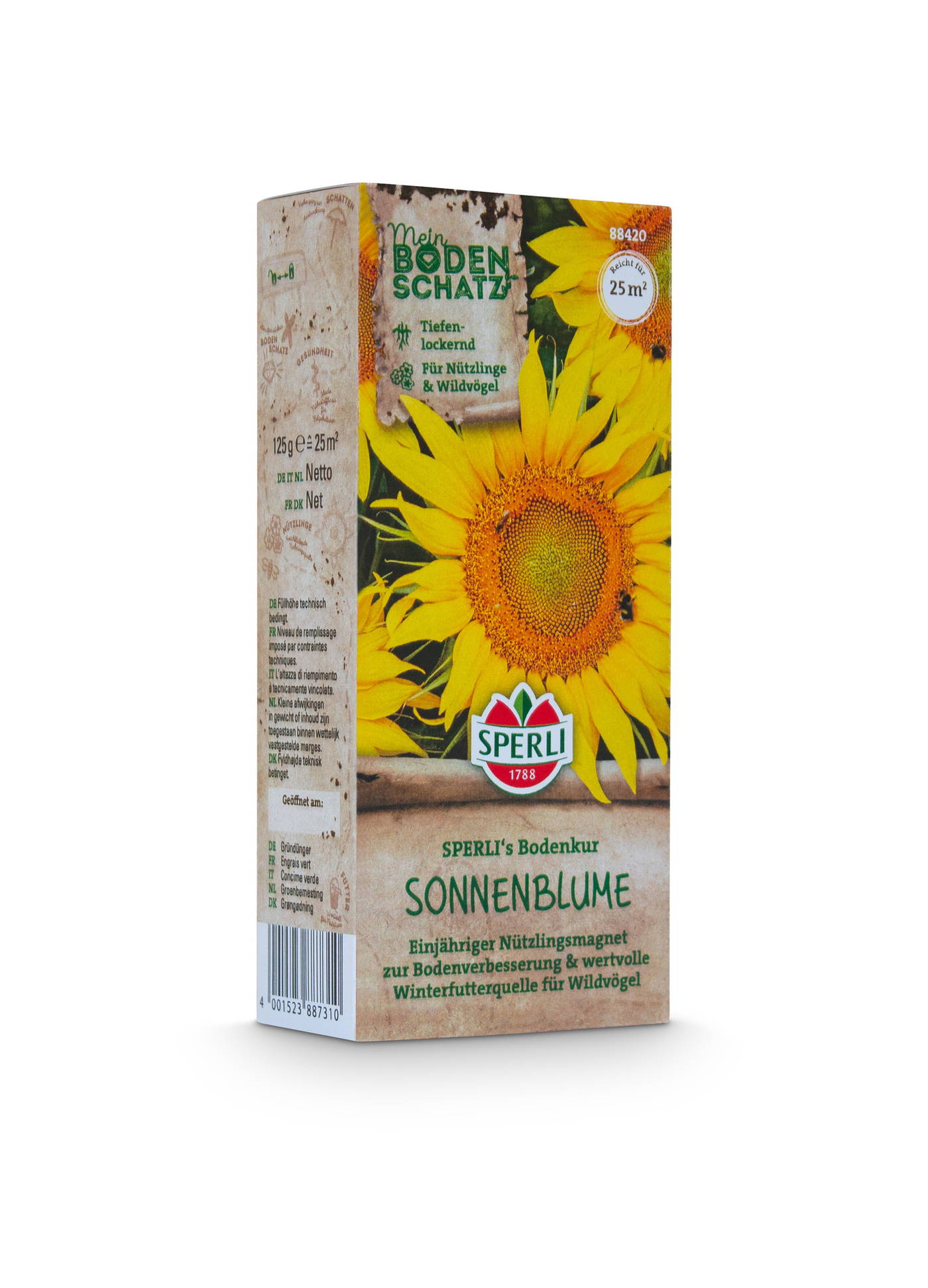 Ein braunes Pappkarton mit Sonnenblumenbild und Aufdruck, darunter grüne und rote Schrift.