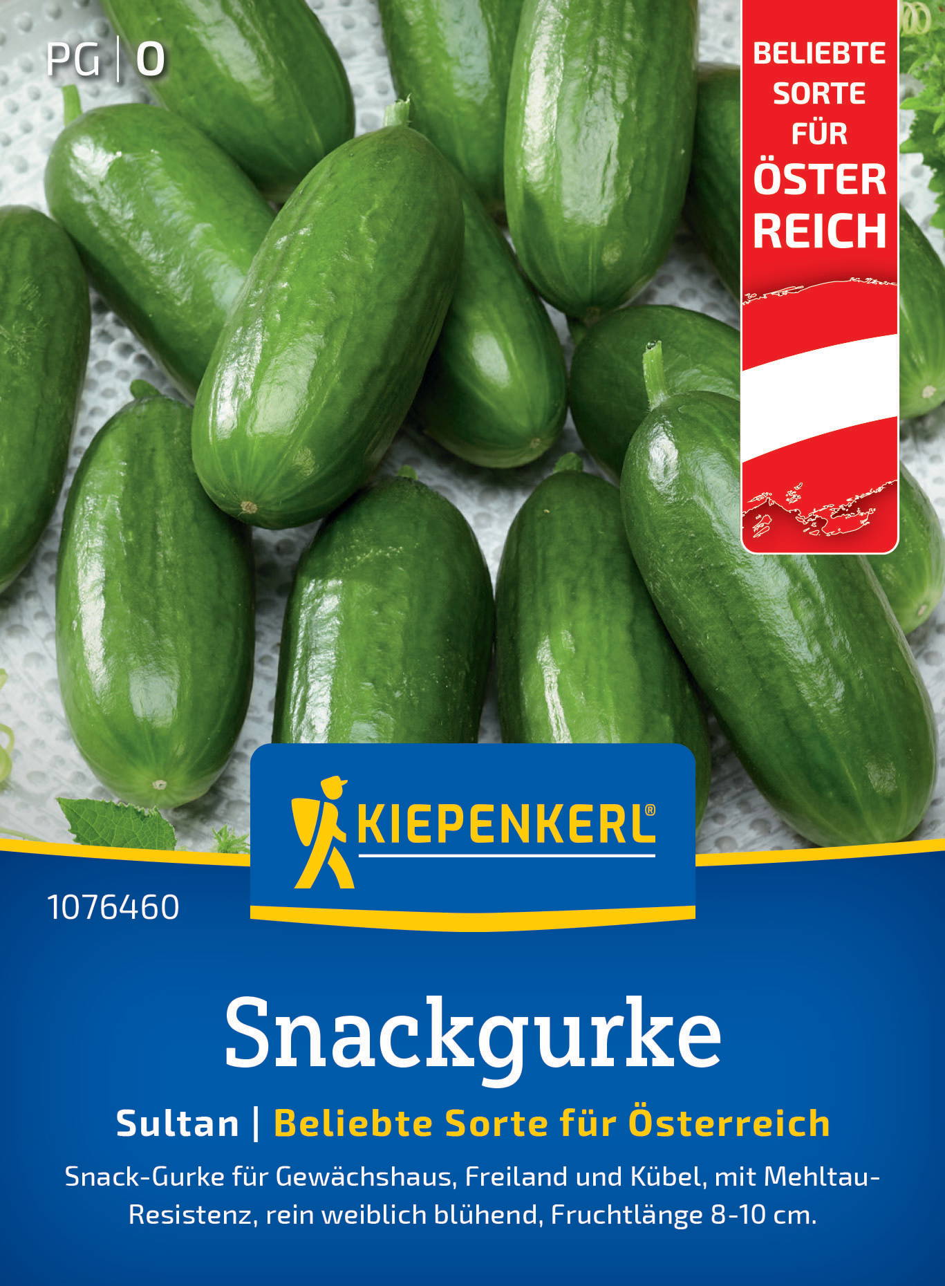 Grüne Snackgurken auf Verpackung, Text "Snackgurke" und Beschreibung in Deutsch.
