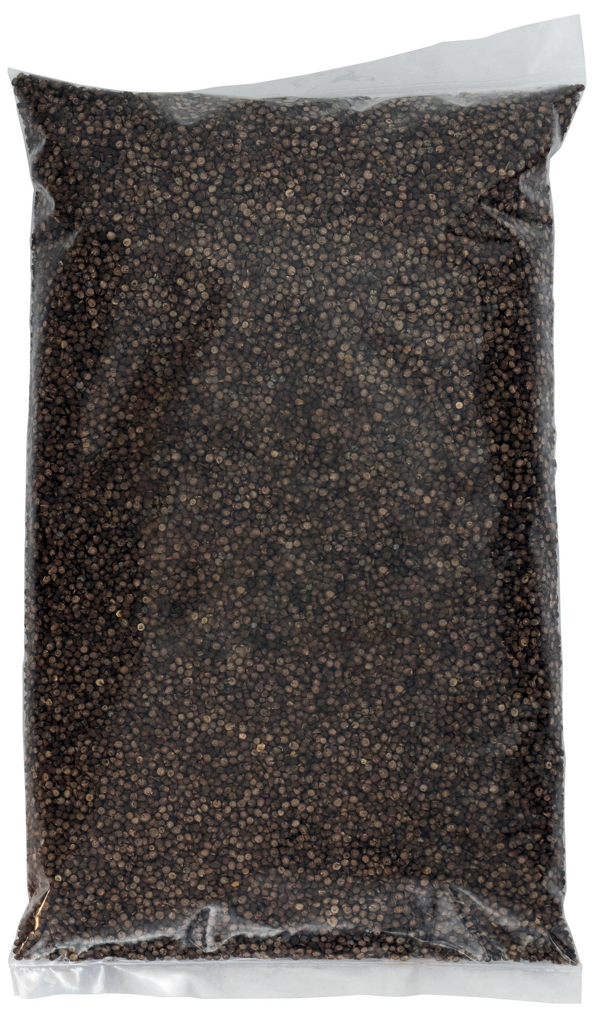 Vakuumverpackte schwarze Pfefferkörner in transparenter Plastikfolie.