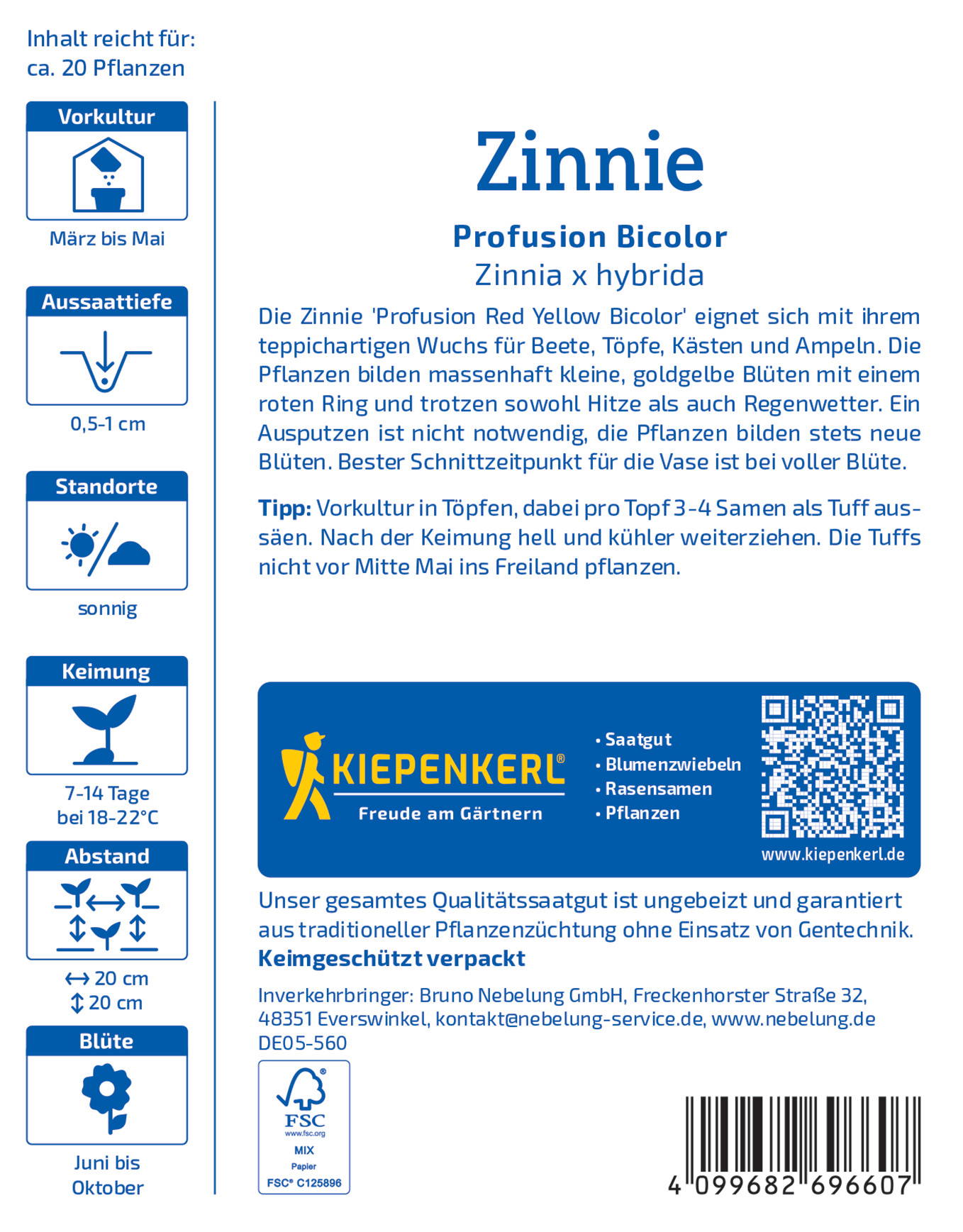 Beschreibung eines Pflanzensamensetzlings, in Töpfen, mit kleinen Blüten, auf dem Etikett einer Pflanzenverpackung.