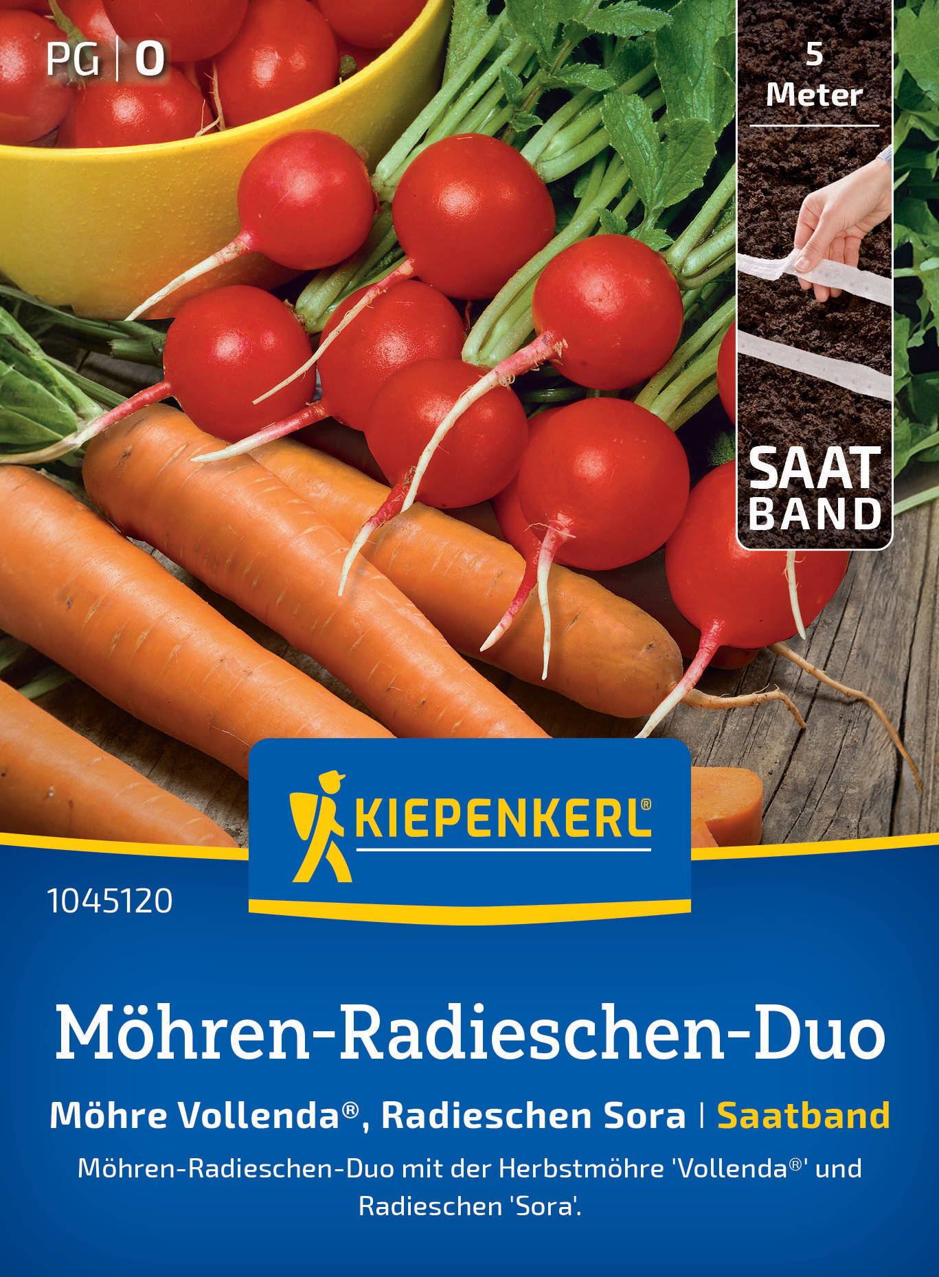 Rote Radieschen, Karotten auf Holztablett, hand mit Messband, grünes Blattgemüse, Kiepenkerl Logo und Produktinformationen.