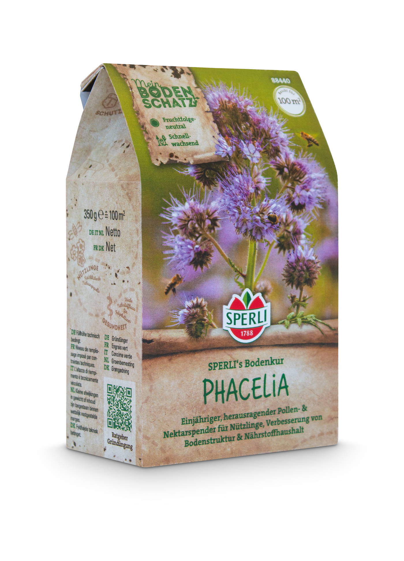Paket mit blühender Phaceliapflanze, Logo von Sperli, grünem Text, QR-Code, Text auf braunem Hintergrund.