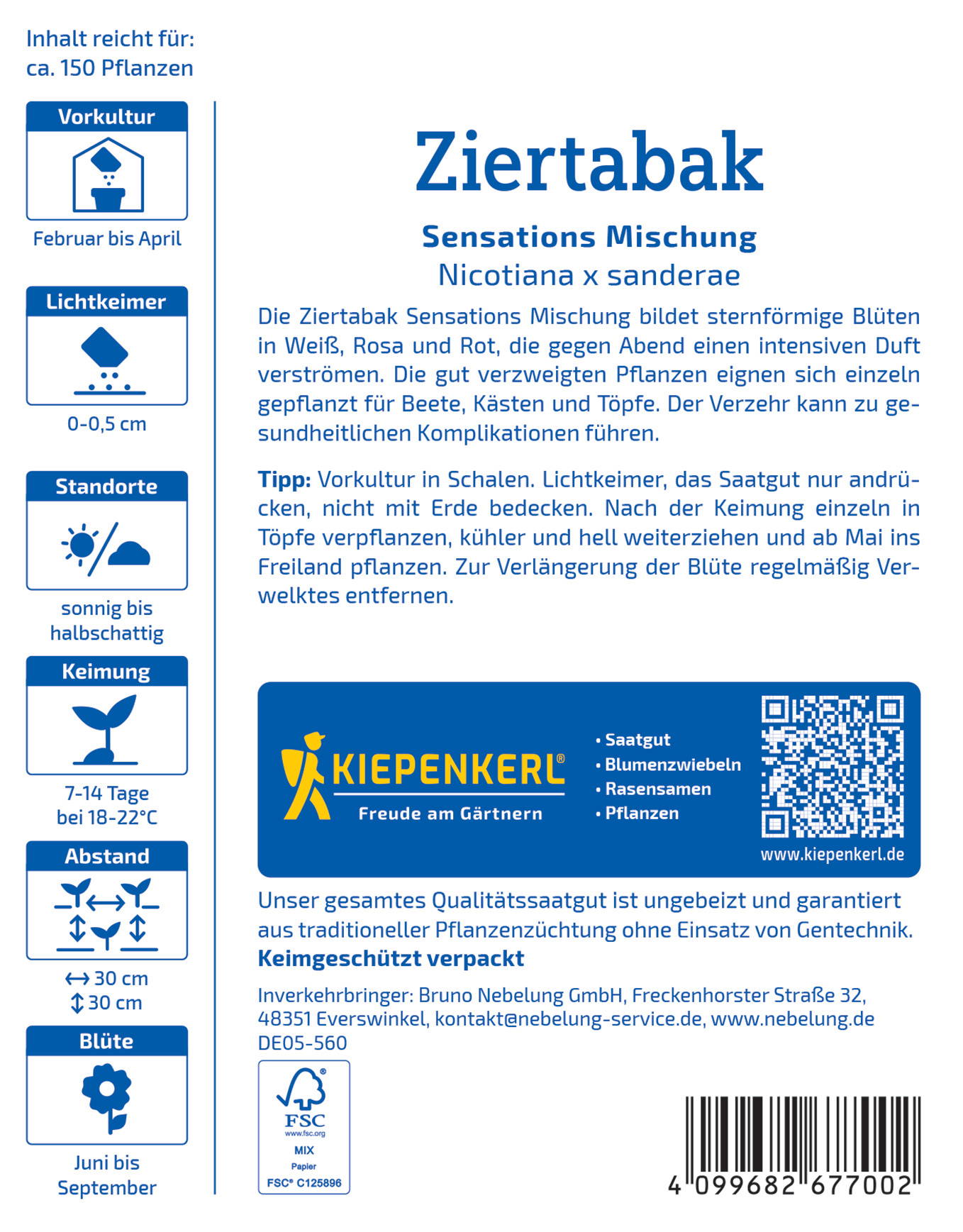 Text auf dem Bild: Samen in einer blauen Verpackung, mit QR-Code, Logo und Text in deutscher Sprache.