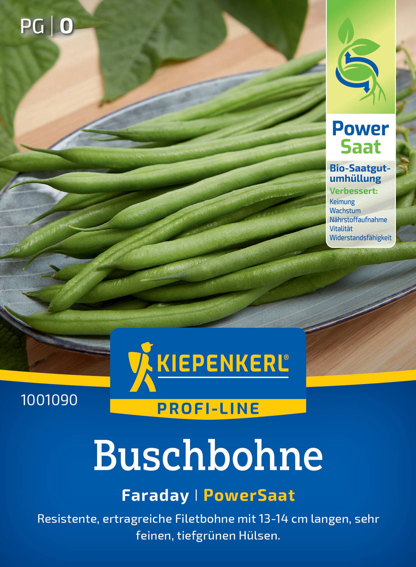 Grüne Buschbohnen auf einer blauen Verpackung mit Kiepenkerl-Logo und Produktbeschreibung.