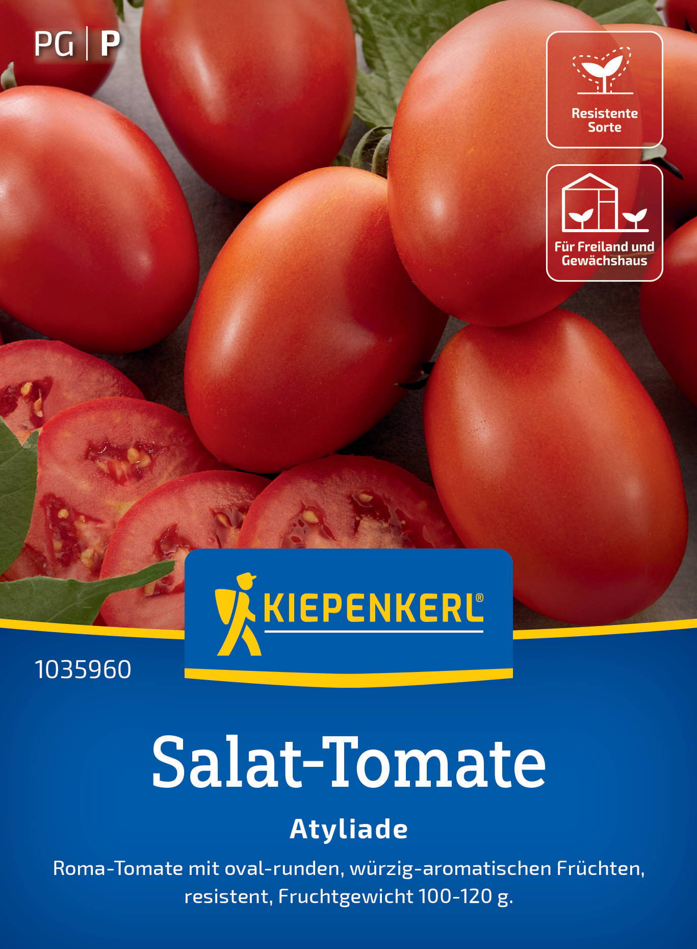 Rote Salattomaten, einige halbiert, auf grauem Hintergrund, mit grünen Blättern, Verpackungsbeschreibung auf Blau.