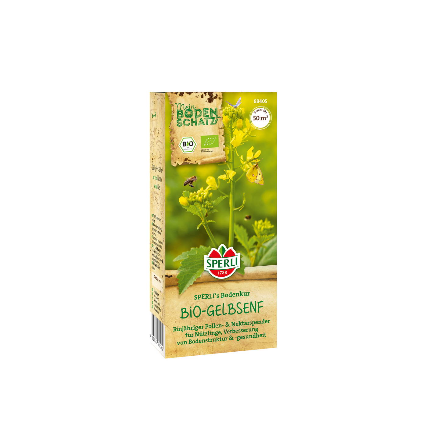 Kartonschachtel mit gelben Gelsenkraut Pflanzen, Biene, Schmetterling, Worcester, Label "Mein Bodenschatz" und "Bio Gelbsenf".