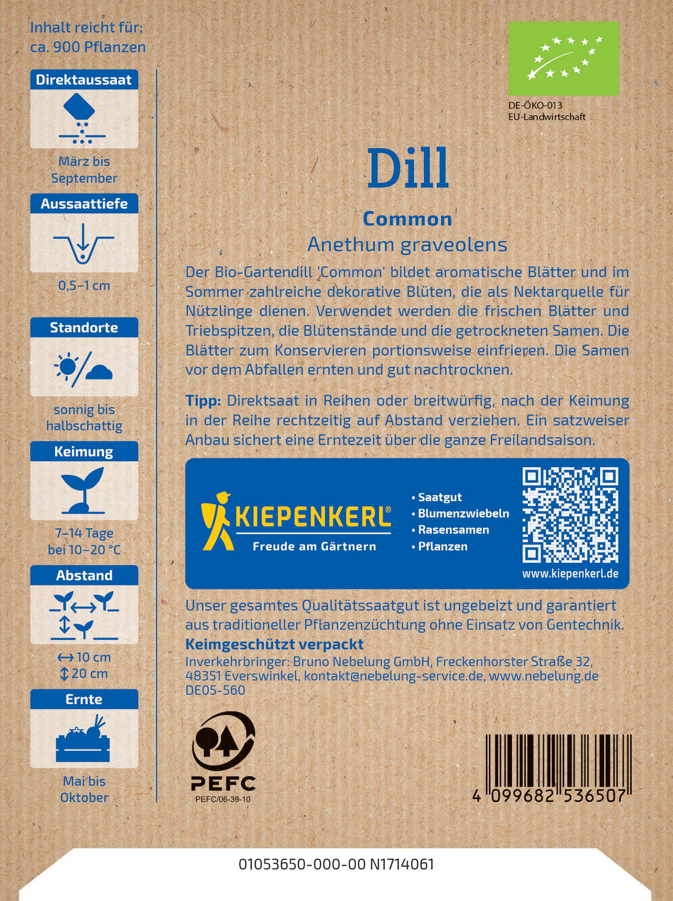 Vorderseite eines Saatgutsacks mit Informationen zu Dill, Standort, Keimung, Abstand, Ernte und Hersteller.