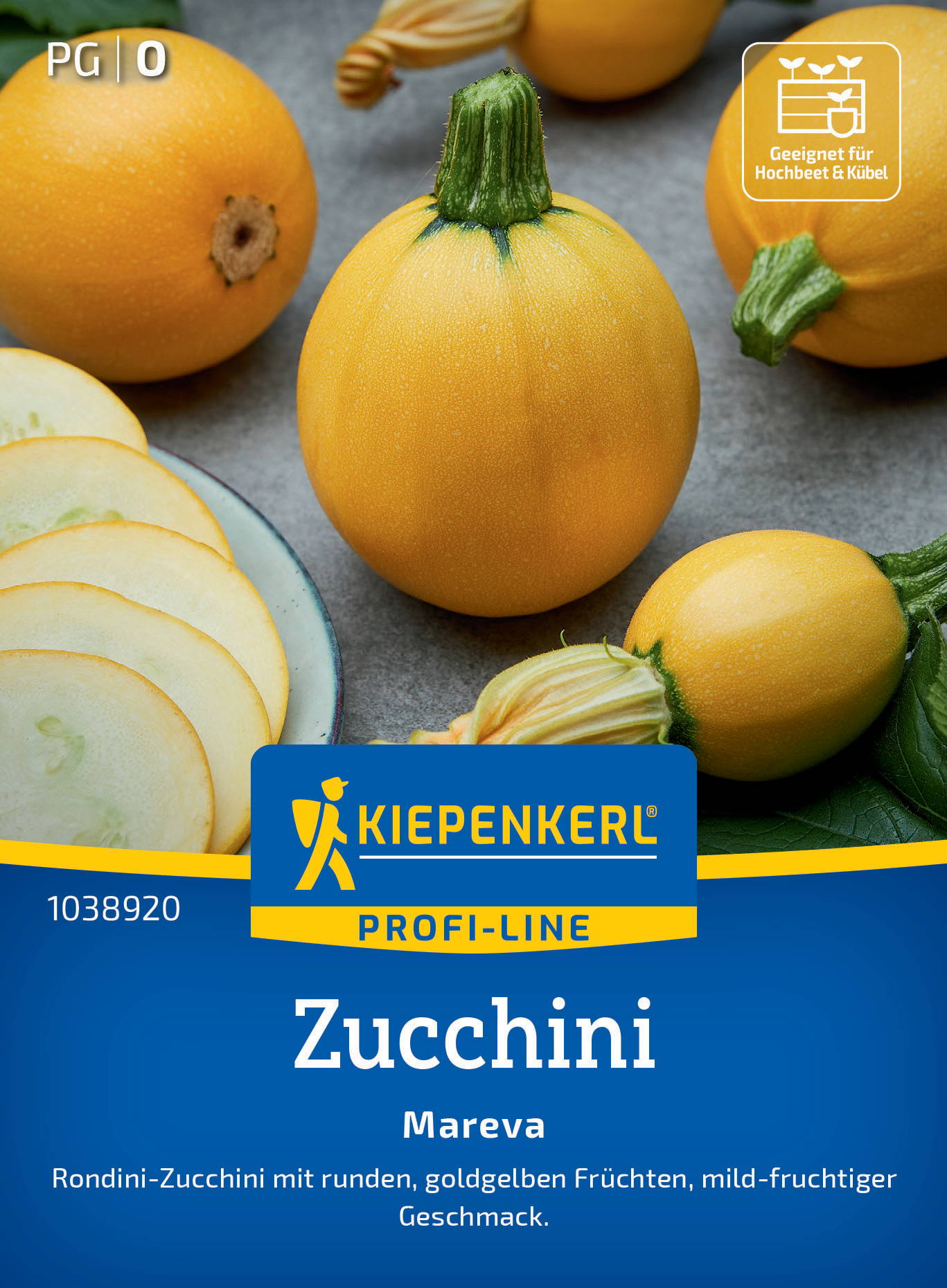 Runde gelbe Zucchini, einige geschnitten, auf grauem Hintergrund mit grünen Blättern, Logo und Text.