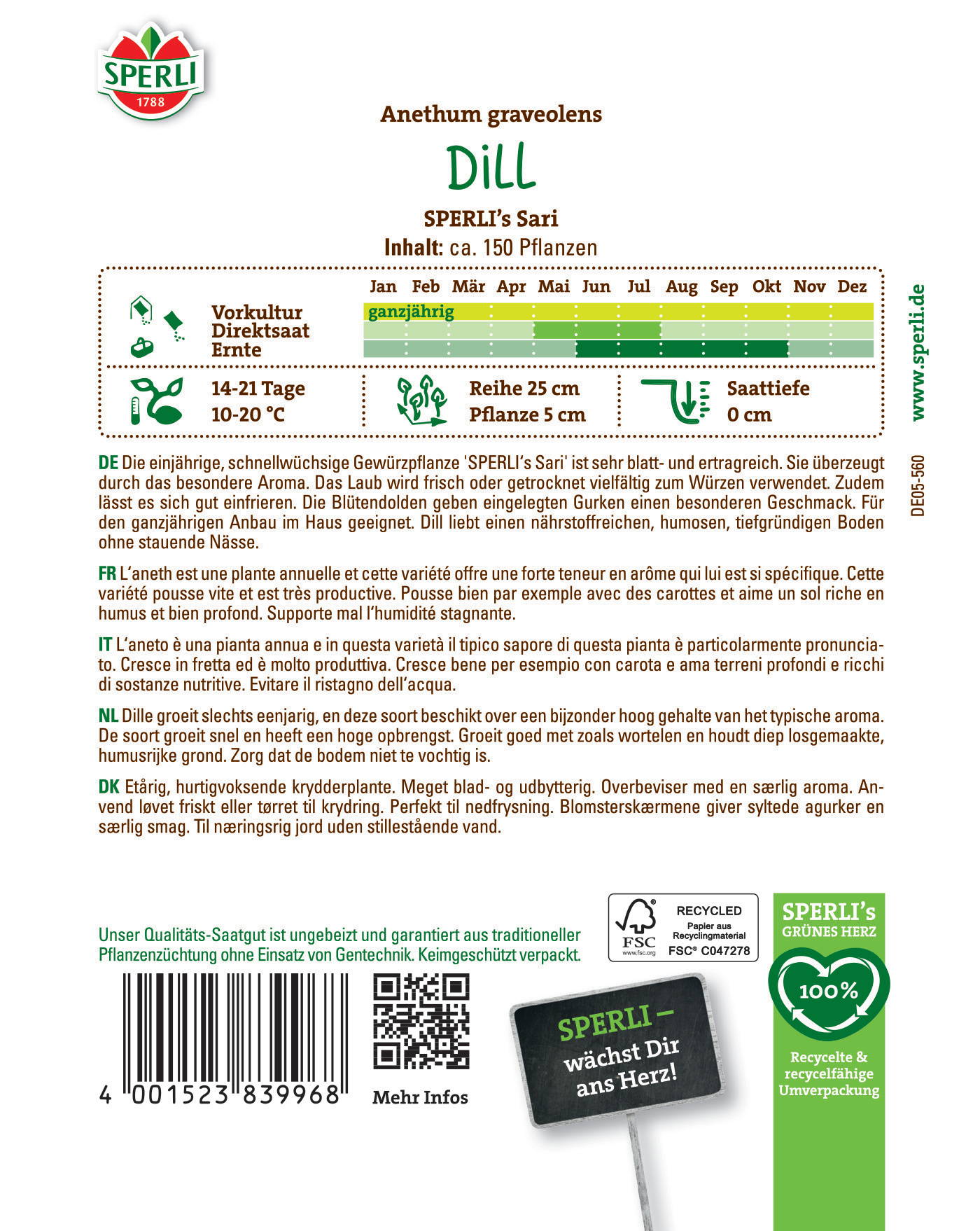 Pflanzenetikett für Anethum graveolens Dill mit grüner Anzuchtzeitbalken, Text auf Deutsch, Französisch, Italienisch, Niederländisch, Dänisch.