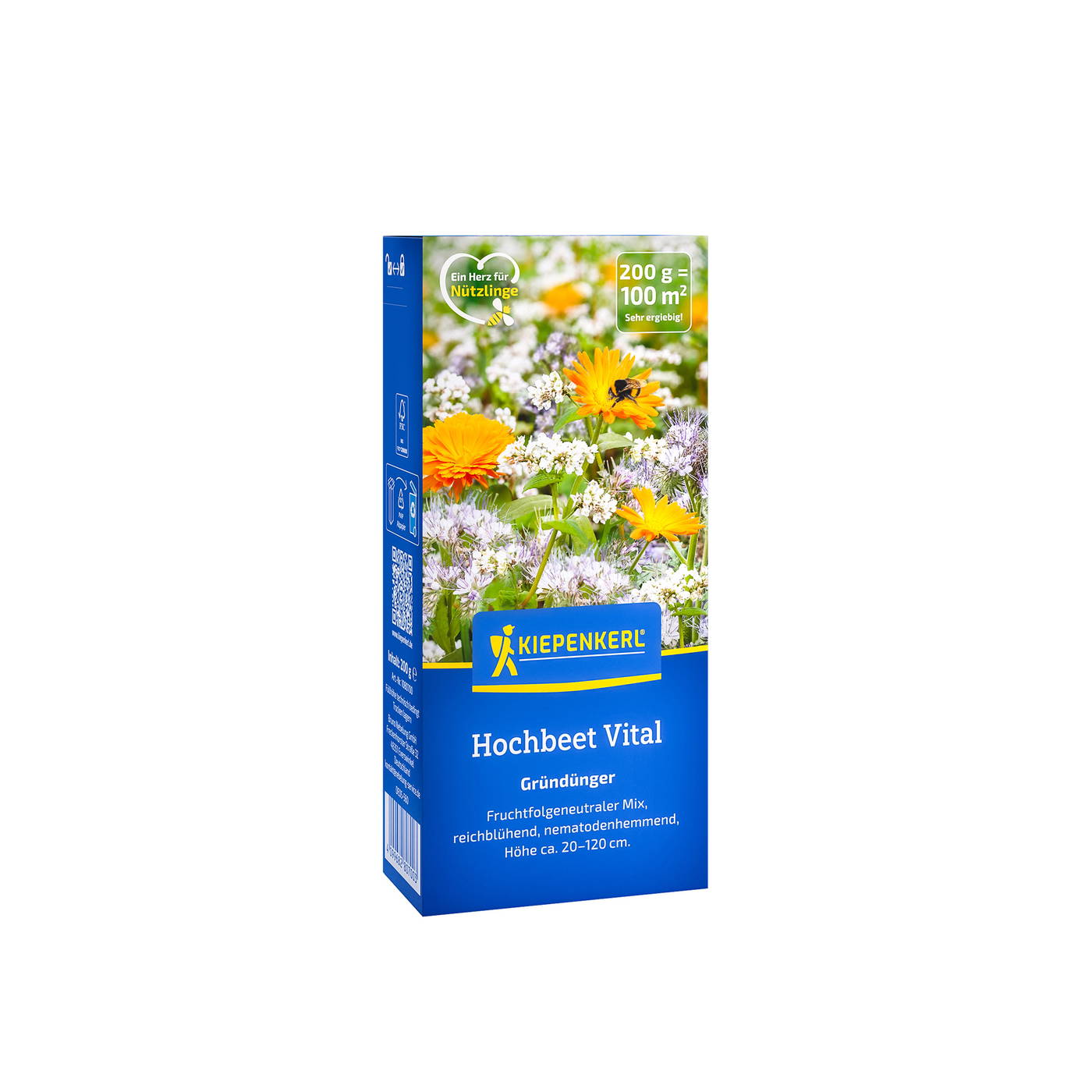 Blumenbeet mit gelben und weißen Blumen, Biene auf einer Blüte, blaue Verpackung mit gelben Schriftzug.