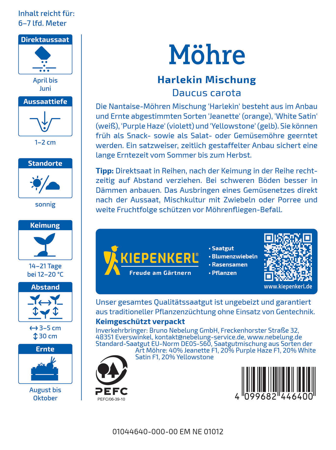 Informationsblatt mit Produktbeschreibung, Anbauteilen, Pflanzabständen und Zertifizierungshinweisen für Möhren.