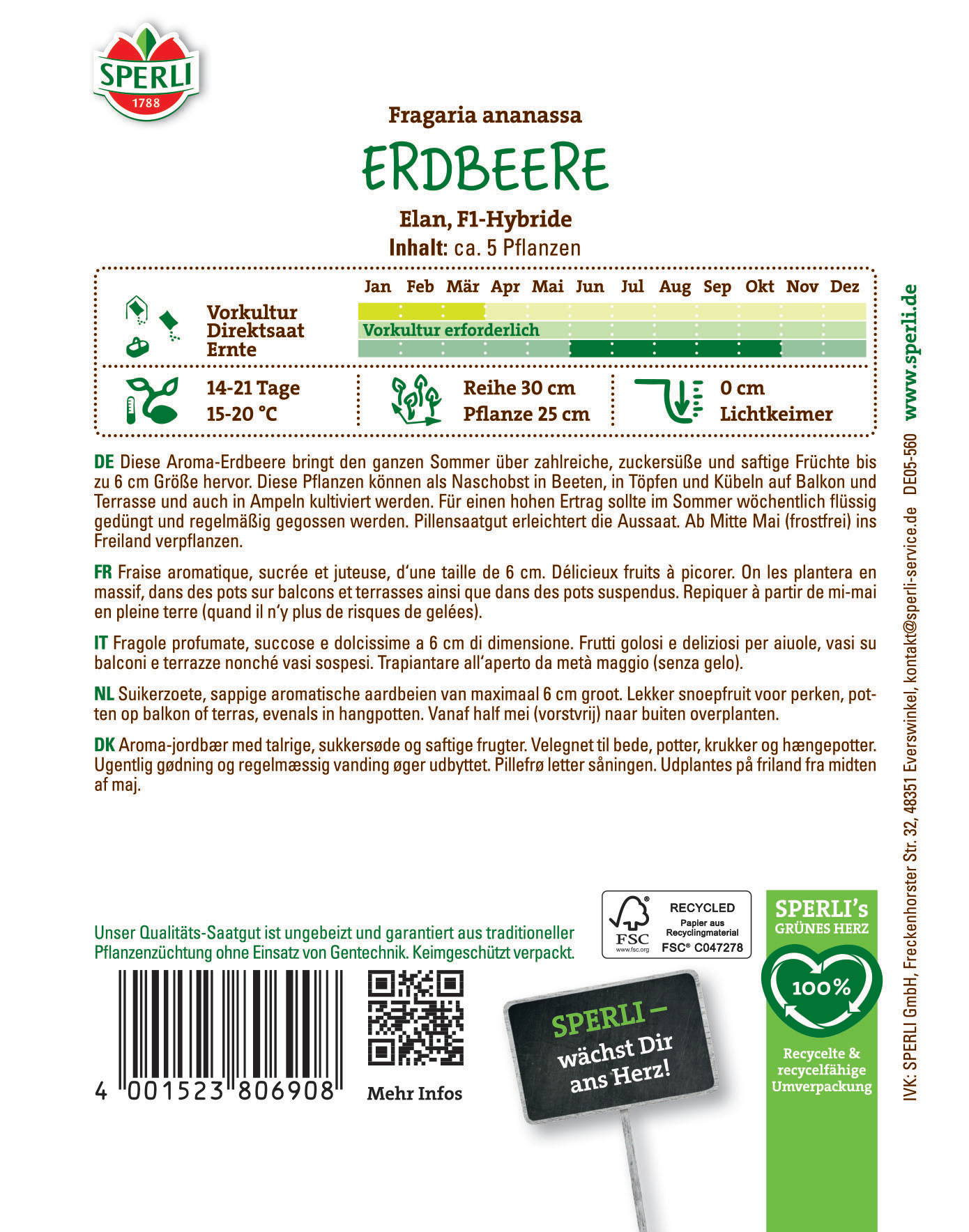 Bodenständige Infotafel mit Informationen zu Erdbeersorten, Pflanzung, Pflege und Anbauzeitraum.