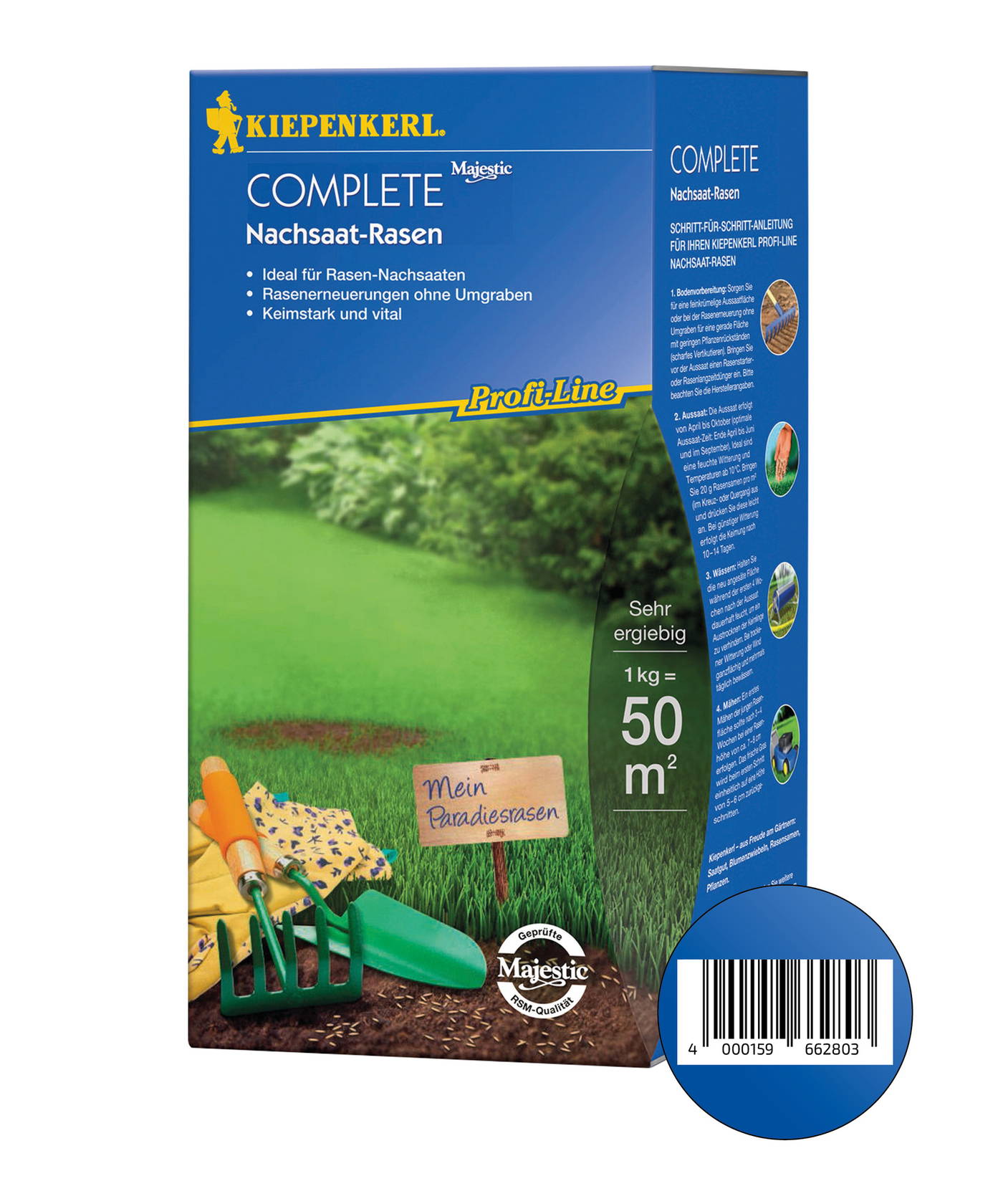 Bunte Verpackung mit Rasenmäher, Gartengeräten und Schild mit der Aufschrift "Mein Paradiesrasen" auf grünem Rasen.