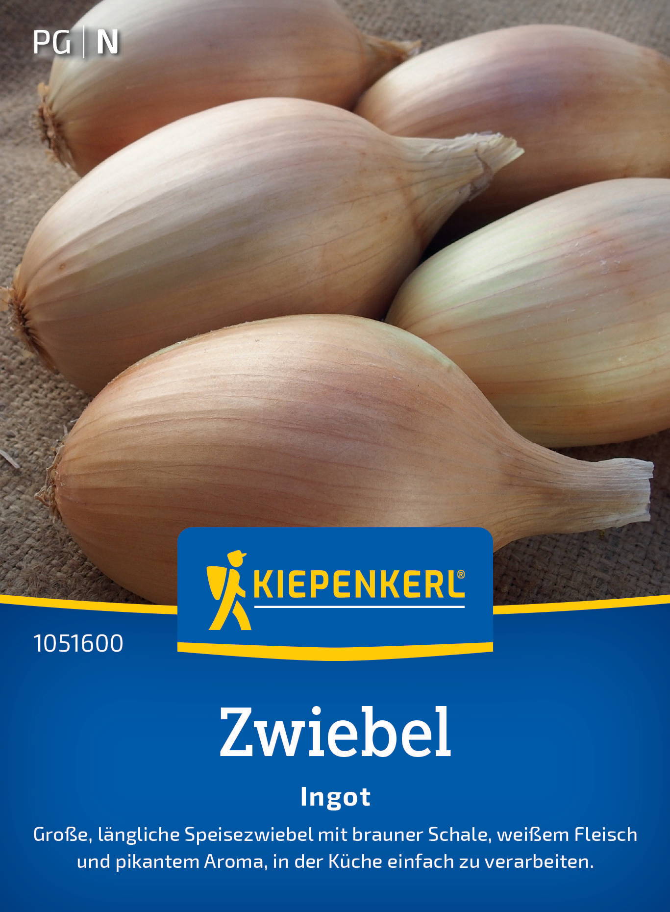 Mehrere große braune Zwiebeln mit weißen Flecken auf einer Oberfläche, Verpackung mit KIEPENKRL Logo und Text.