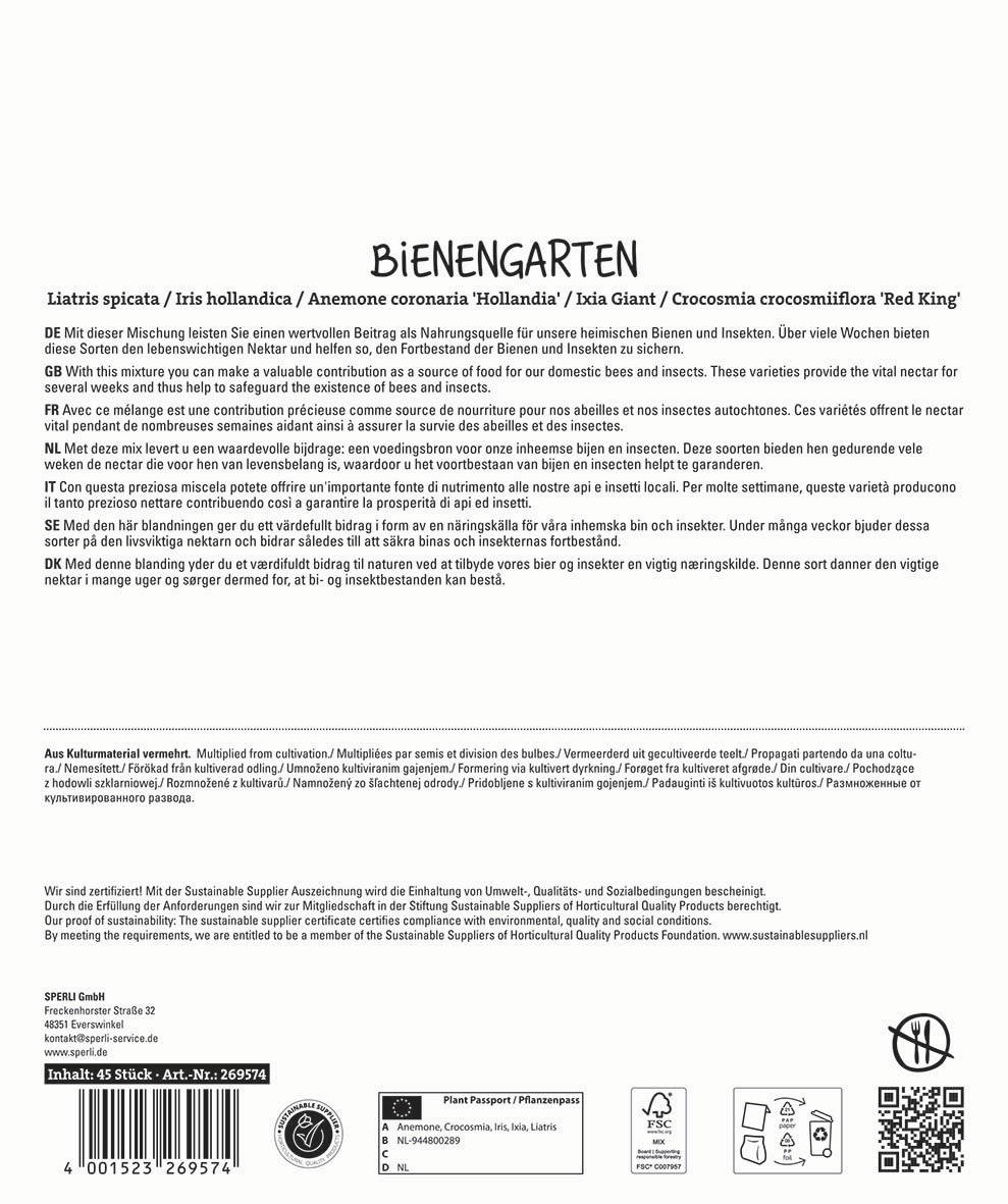 Bienenmischung mit Artenliste, Text in mehreren Sprachen, Logos, Barcode, QR-Code und Nachhaltigkeitssiegel am unteren Rand.