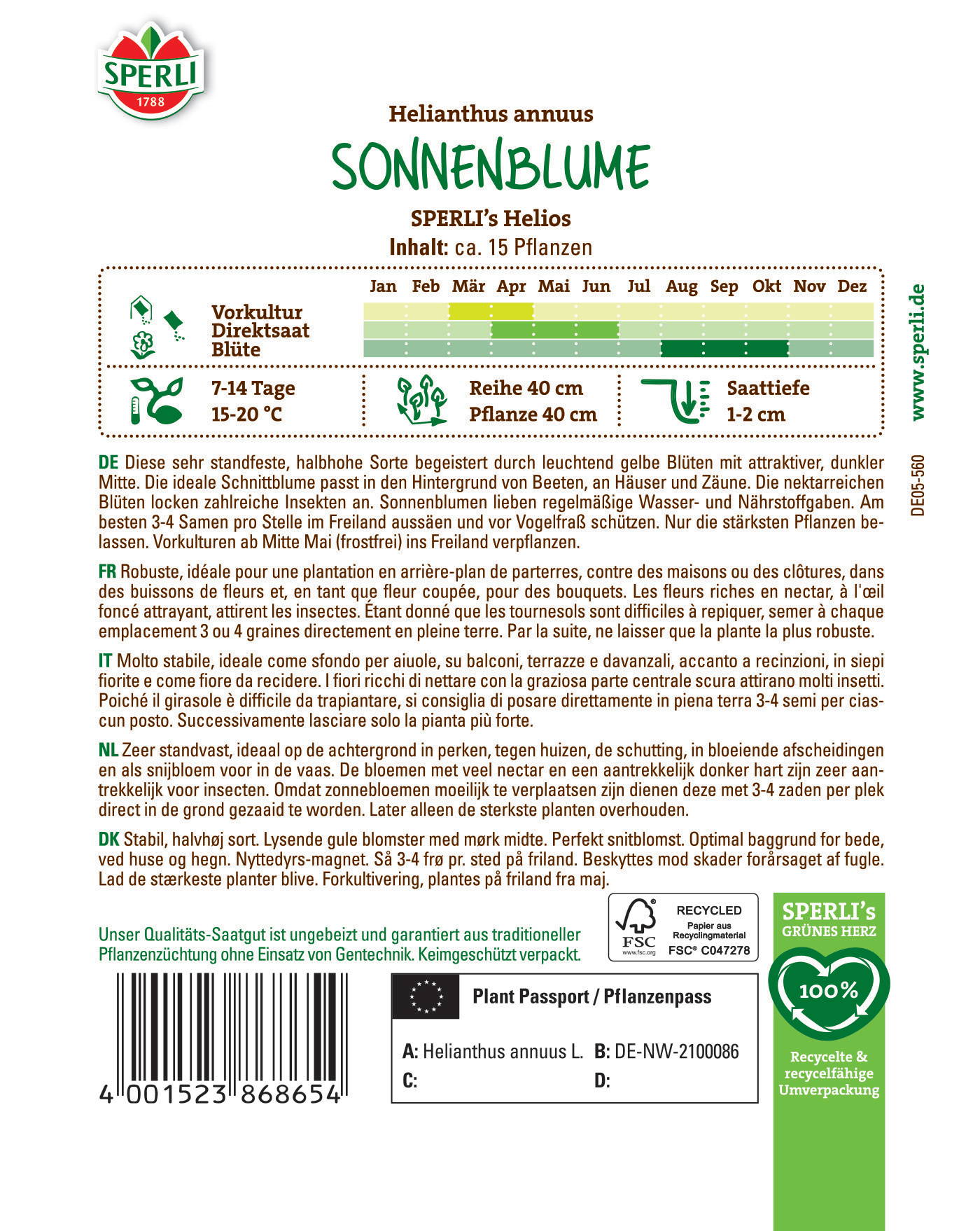 Sonnenblumen fröhliche gelbe Blüten, wächst von Mai bis Oktober, erreicht 40 cm Höhe.