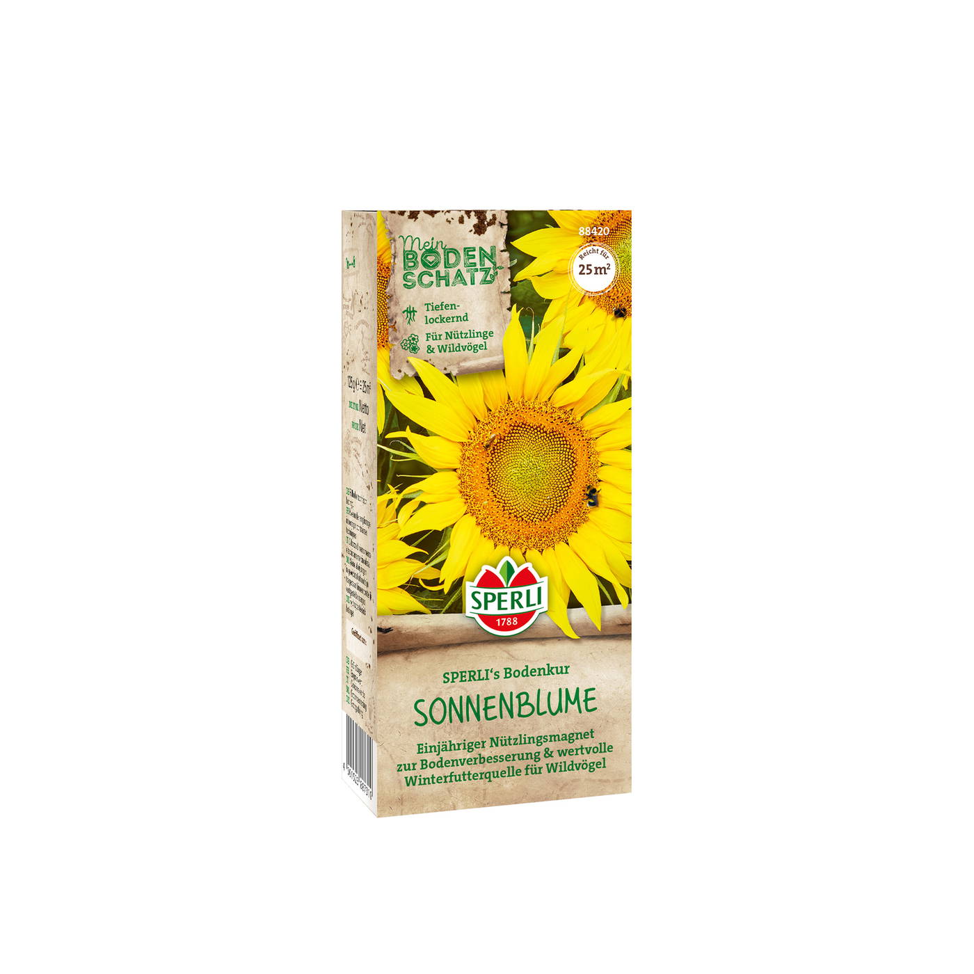 Samentüte mit Sonnenblumenbild, grüner Weltkarten-Hintergrund, Sperli-Logo, Text und gelben Sonnenblumen.