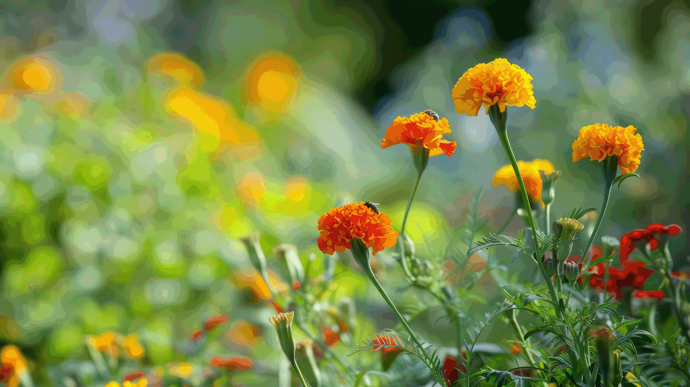 Bunt blühende Marigold-Pflanzen mit grünen Blättern und einer Biene auf einer orangefarbigen Blüte.