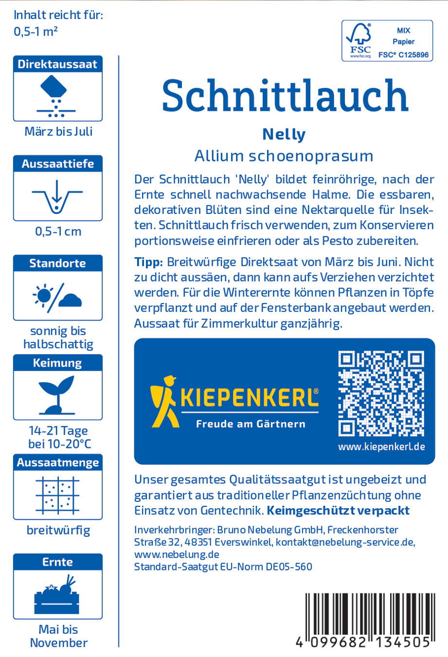 Produktbeschreibung eines Saatguts für Schnittlauch Nelly, Allium schoenoprasum, Verpackung mit Barcode.