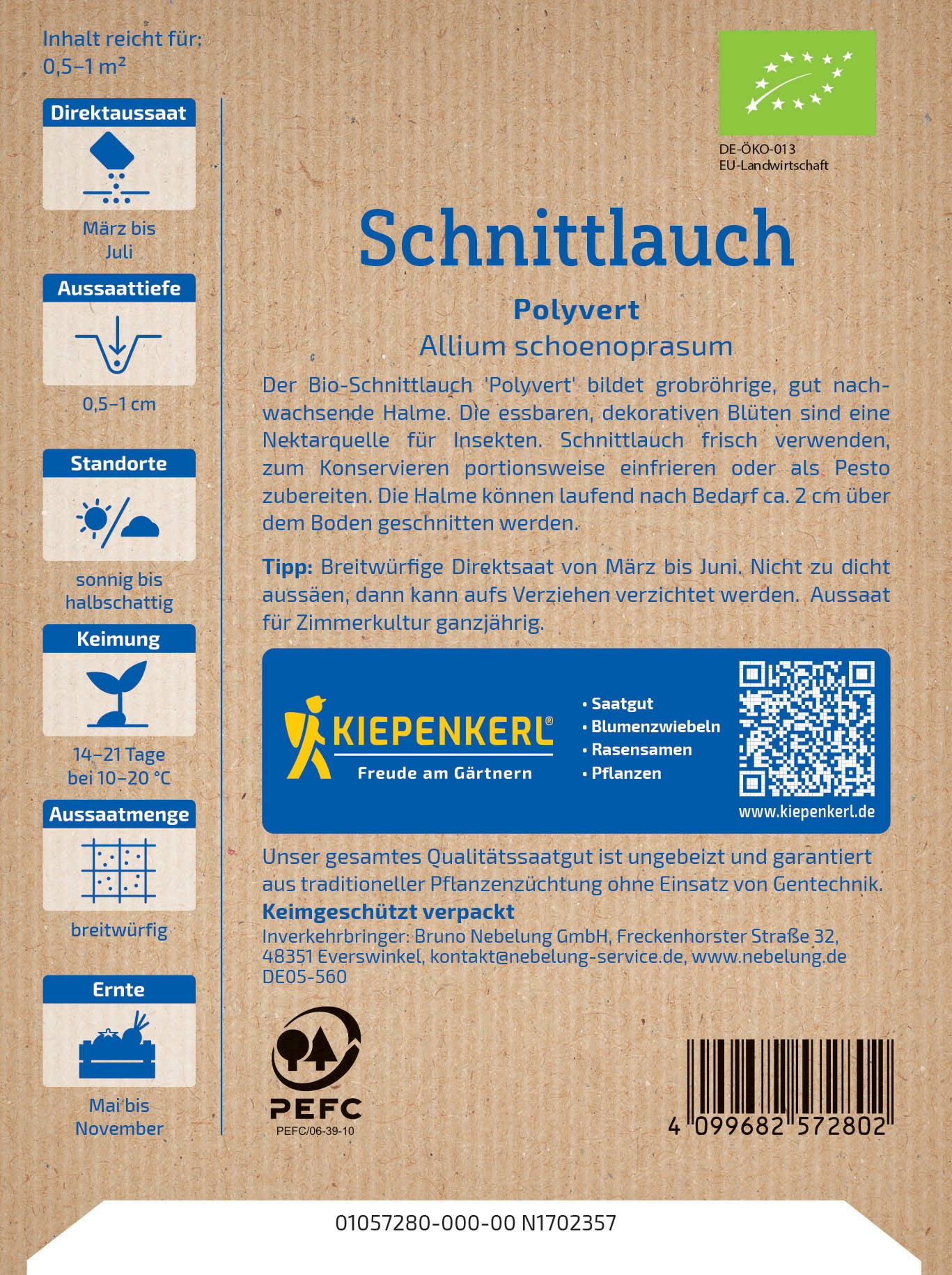 Sandte und dekorative Blüten in einem braunen Karton mit Text und QR-Code.