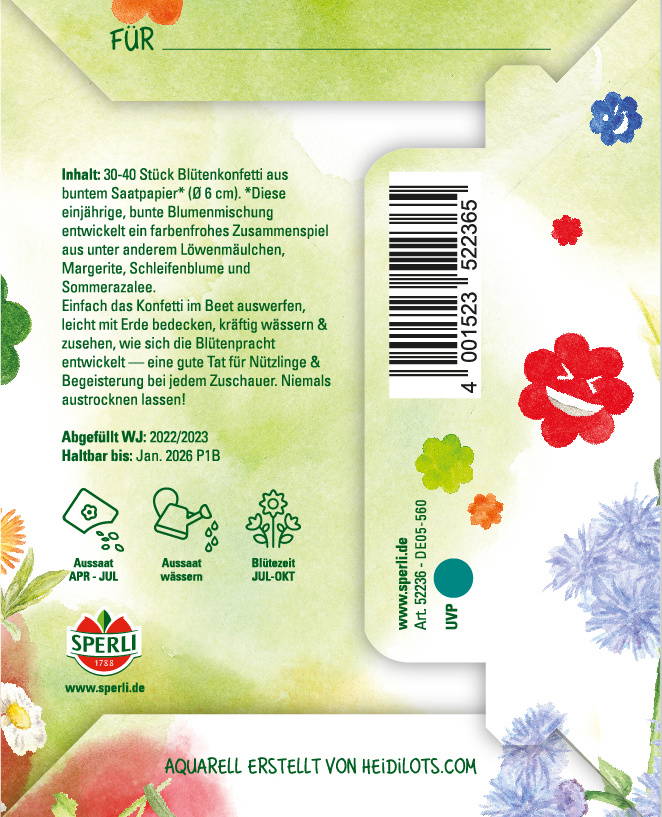 Bunter Blumenkonfetti im Saatpapier, Barcodelabel, kleinere Blumenmotive, grüne und orange Farbtöne, Wasser- und Pflanzsymbol.