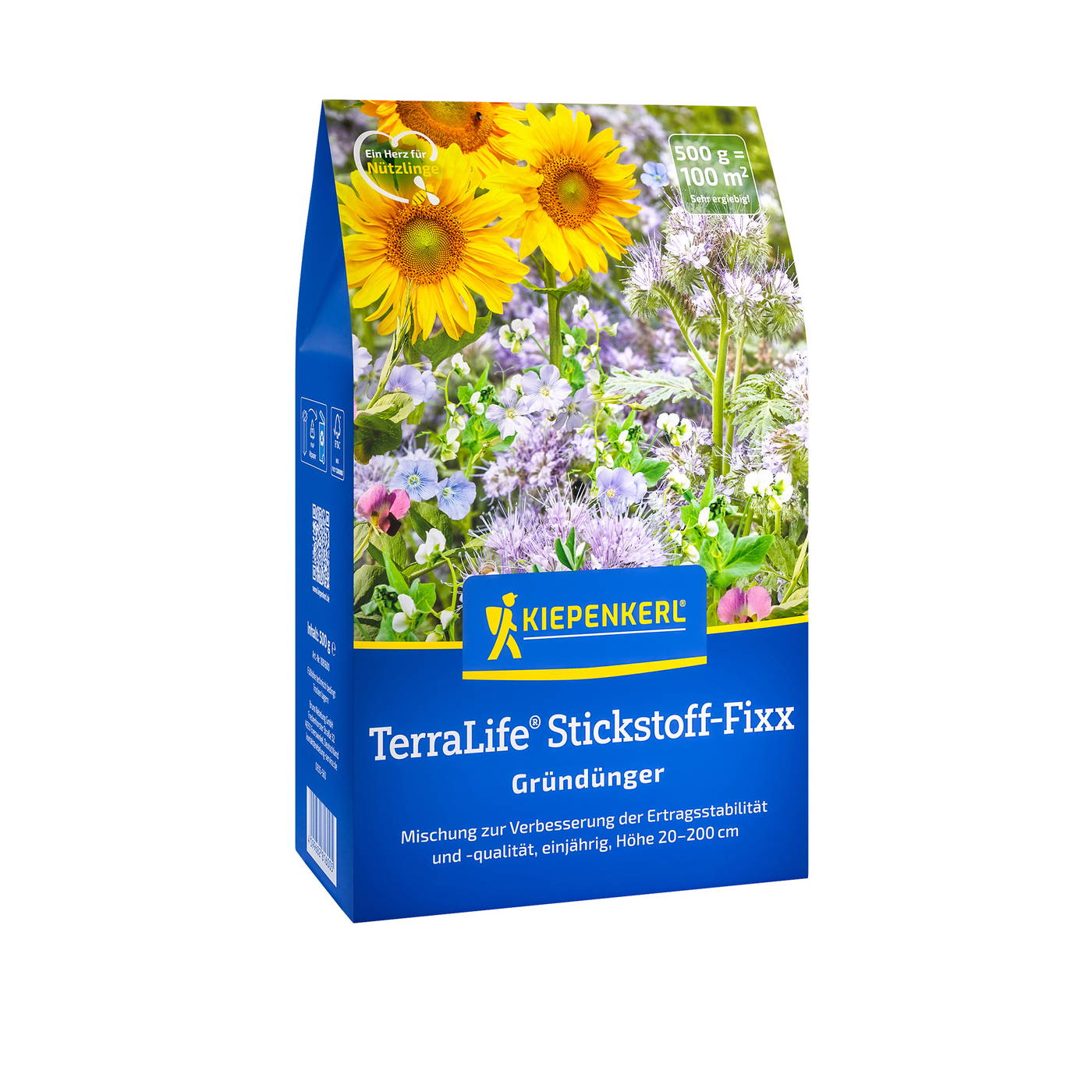 Blaue Packung mit bunten Blumen und Sonne, ital. Text, KIEPENKERL, TerraLife Stickstoff-Fixx Grunddünger.