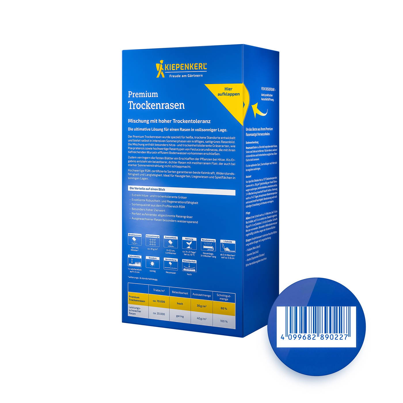 Blaues Paket mit gelber Kiepenkerl-Logo und weißer Schrift, dazu blauer Ratschenscheibe mit Barcode.