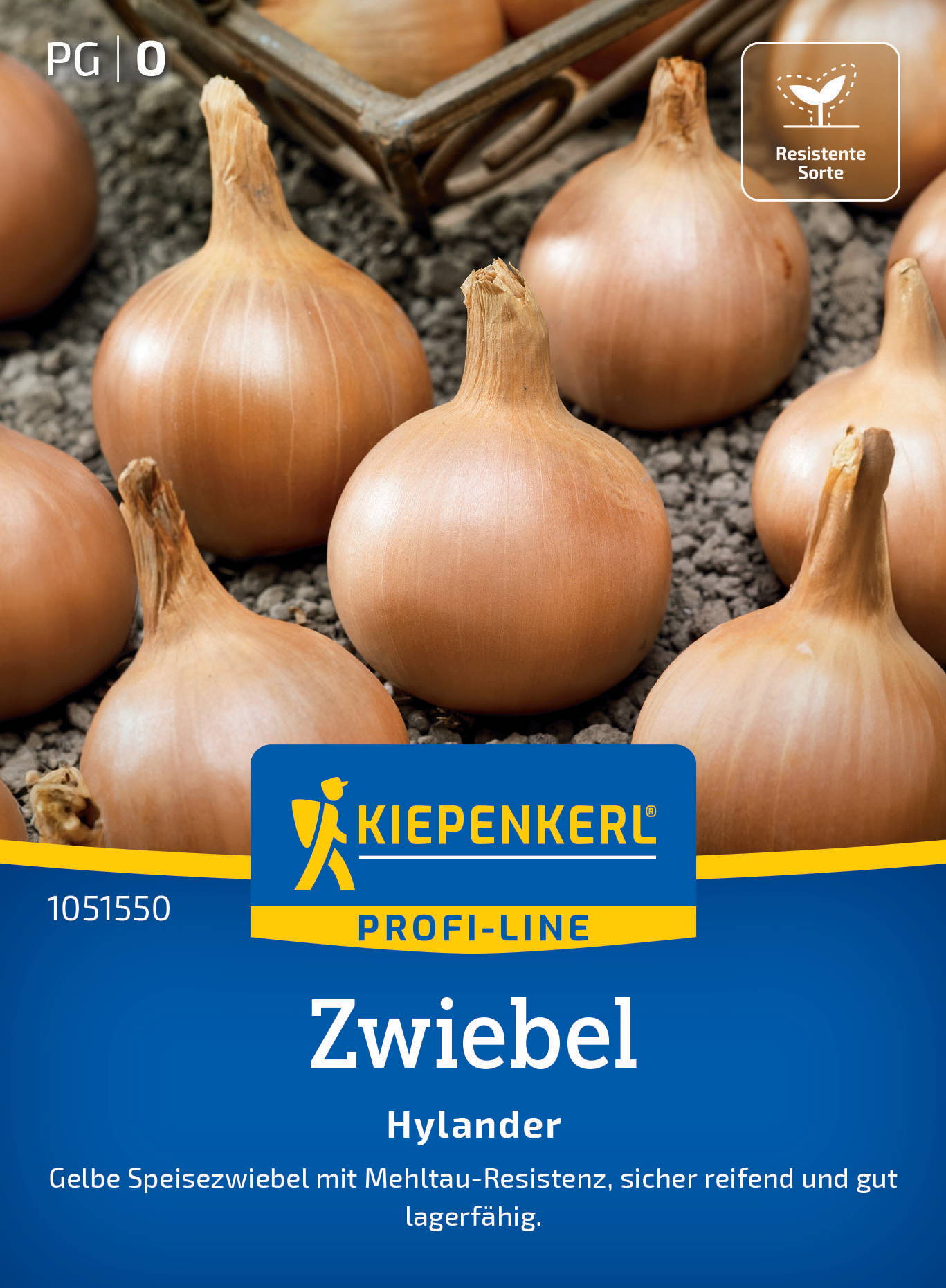 Mehrere gelbe Zwiebeln auf Erde, mit Verpackungstext und Logo wie "Kiepenkerl" und "Zwiebel Hylander".