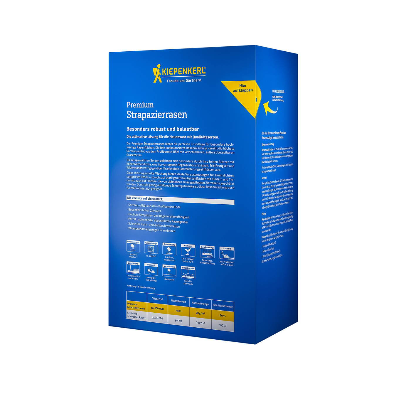 Blaue Verpackung mit gelbem Logo und weißen Text, zeigt Tipps und Symbole für Rasensaat, Pflege und Anwendung.