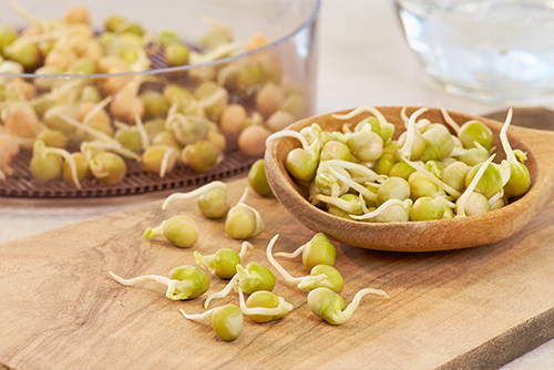 Frische grüne Melonenkerne auf Holzbrett, in Schüssel und Glas.