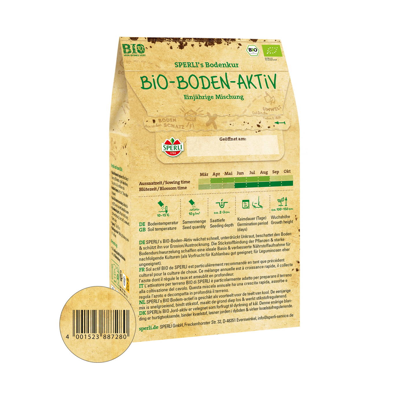 Papiertüte mit Bio-Bodenaktiv-Mischung, Beschriftung, Barcode, Hinweise in mehreren Sprachen.