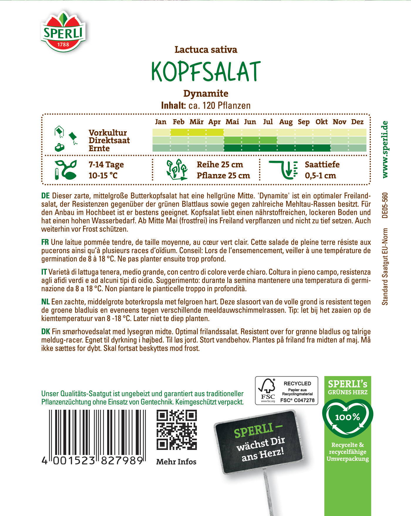 Kopfsalat auf Saatbeet mit ca. 120 Pflanzen, wächst von April bis November, 7-14 Tage Keimdauer, 10-15°C, 25 cm Reihe.